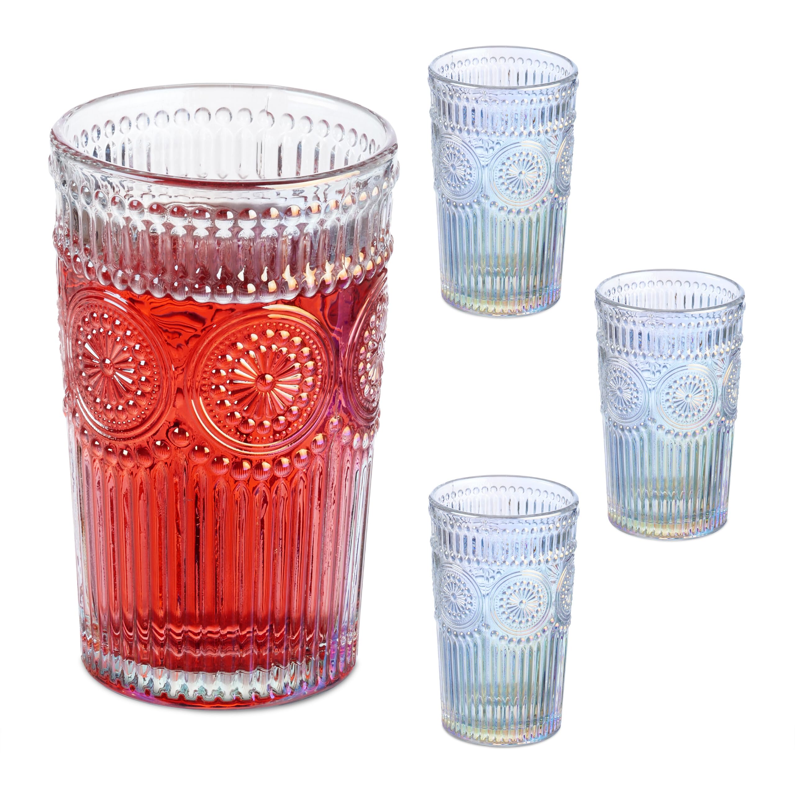 Relaxdays 4X Drinking, Dishwasher Safe, 360ml Each, Vintage Glasses with Classic Pattern, Holo-Effect, Clear, Steel, 35 x 30 x 13.5 cm
