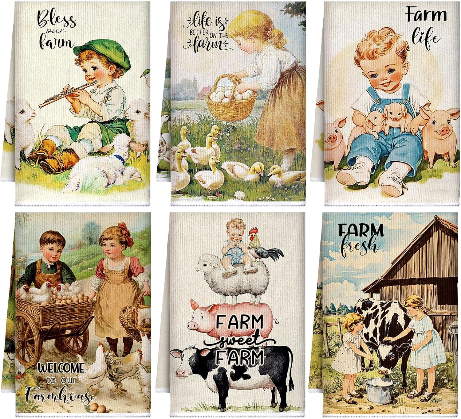 FuWeave 6 Pcs Farmhouse Kitchen Towels, Retro Animal Housewarming Gift