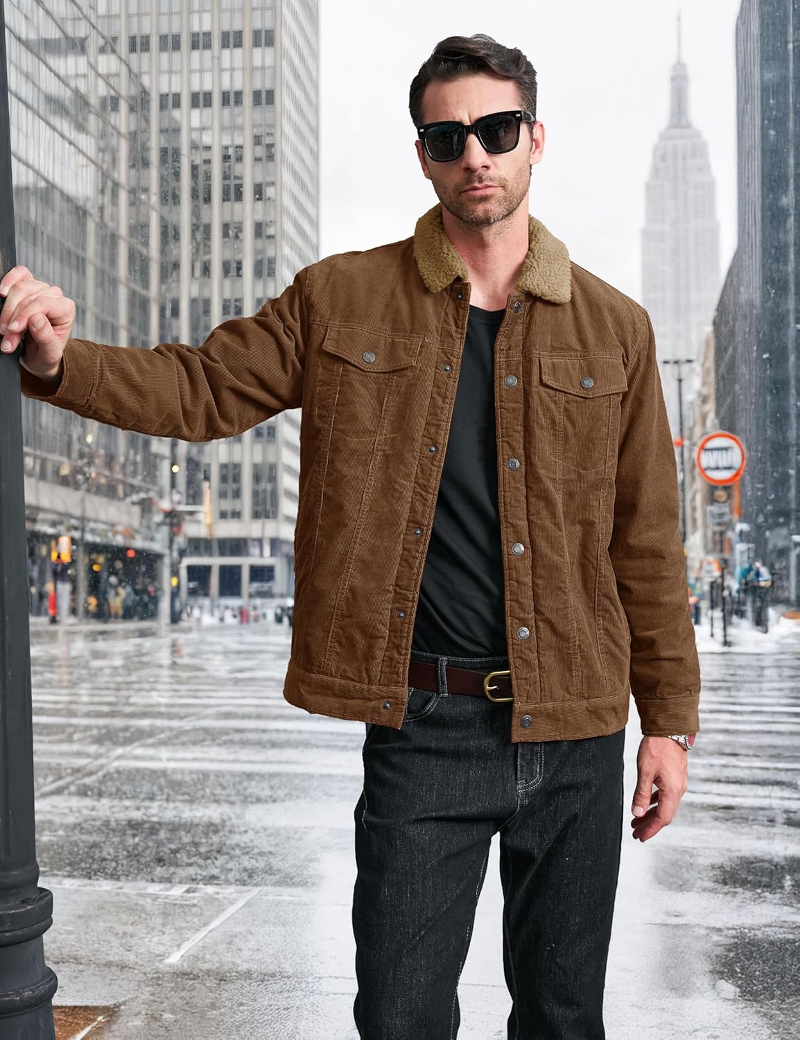 CRYSULLY Men's Corduroy Jacket Cotton Sherpa Lined Jacket Turn-Down Collar Jackets with 5 Pockets - Image 7