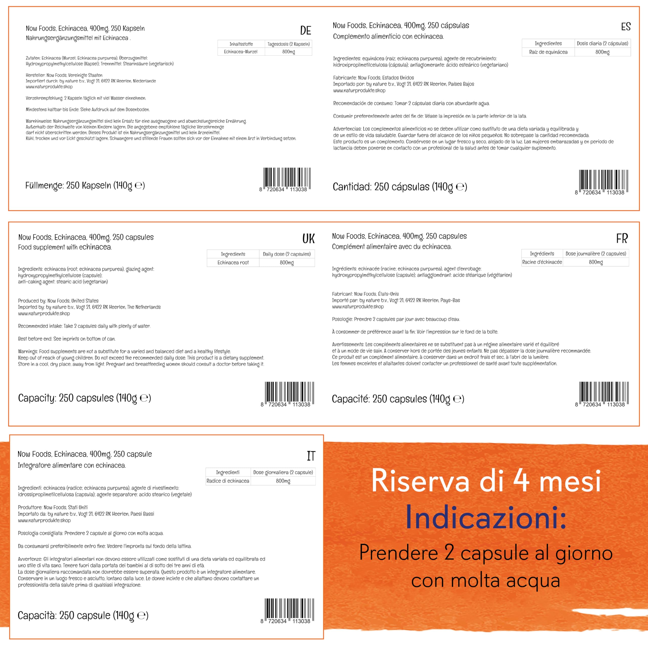 Now Foods, Echinacea, 400mg, 250 Capsule vegan, Testato in Laboratorio, Senza Glutine, Senza Soia, Vegetariano, Non-GMO