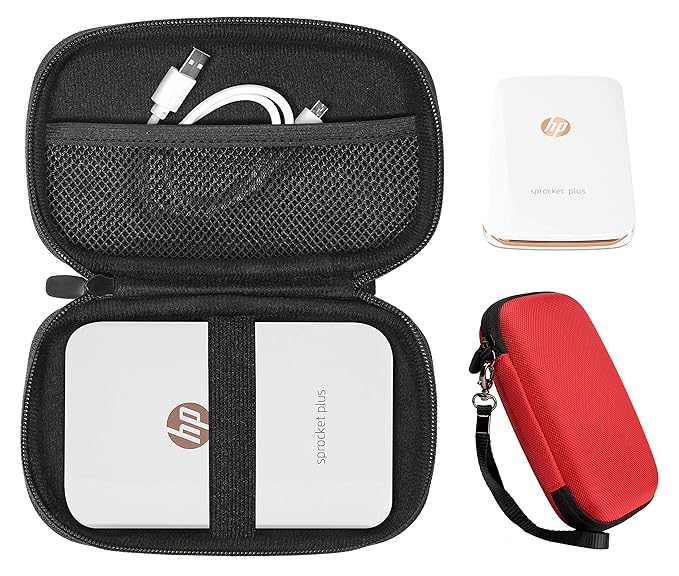 Red Protective Case for HP Sprocket Plus Portable Photo Printer, Mesh Pocket for Photo Paper and Cable, Elastics Strap to Secure Device, Detachable Wrist Strap