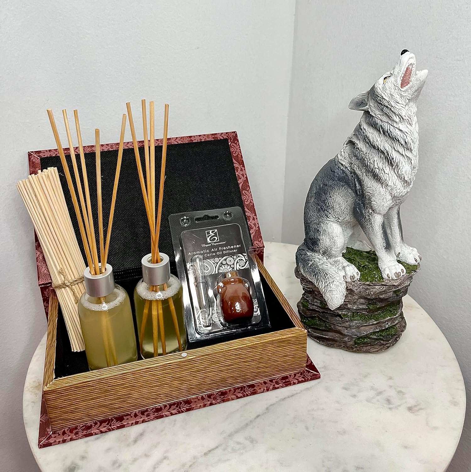 Hosley Cinnamon Roll Reed Diffuser Oil Gift Set in Red Storage Book Box with Resin Wolf Incense Cone Holder. Ideal Gift for Wedding Spa Reiki Meditation Bathroom Settings