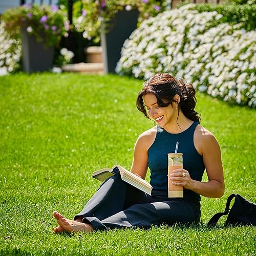 Miniatura 4 de Vaso de vidrio prémium de 20 onzas con popote y tapa de bambú y base con funda protectora de silicona, sin BPA, botella de agua Growler