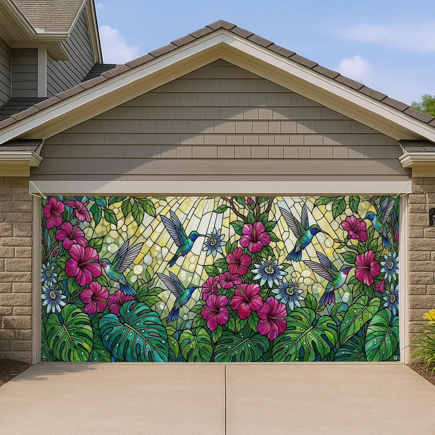 Tropical Hummingbird Garage Door Cover, Vibrant Floral Stained Glass Style, Green and Peach Decorative Outdoor Art, Summer Home Decor for Parties 157x71 Inch