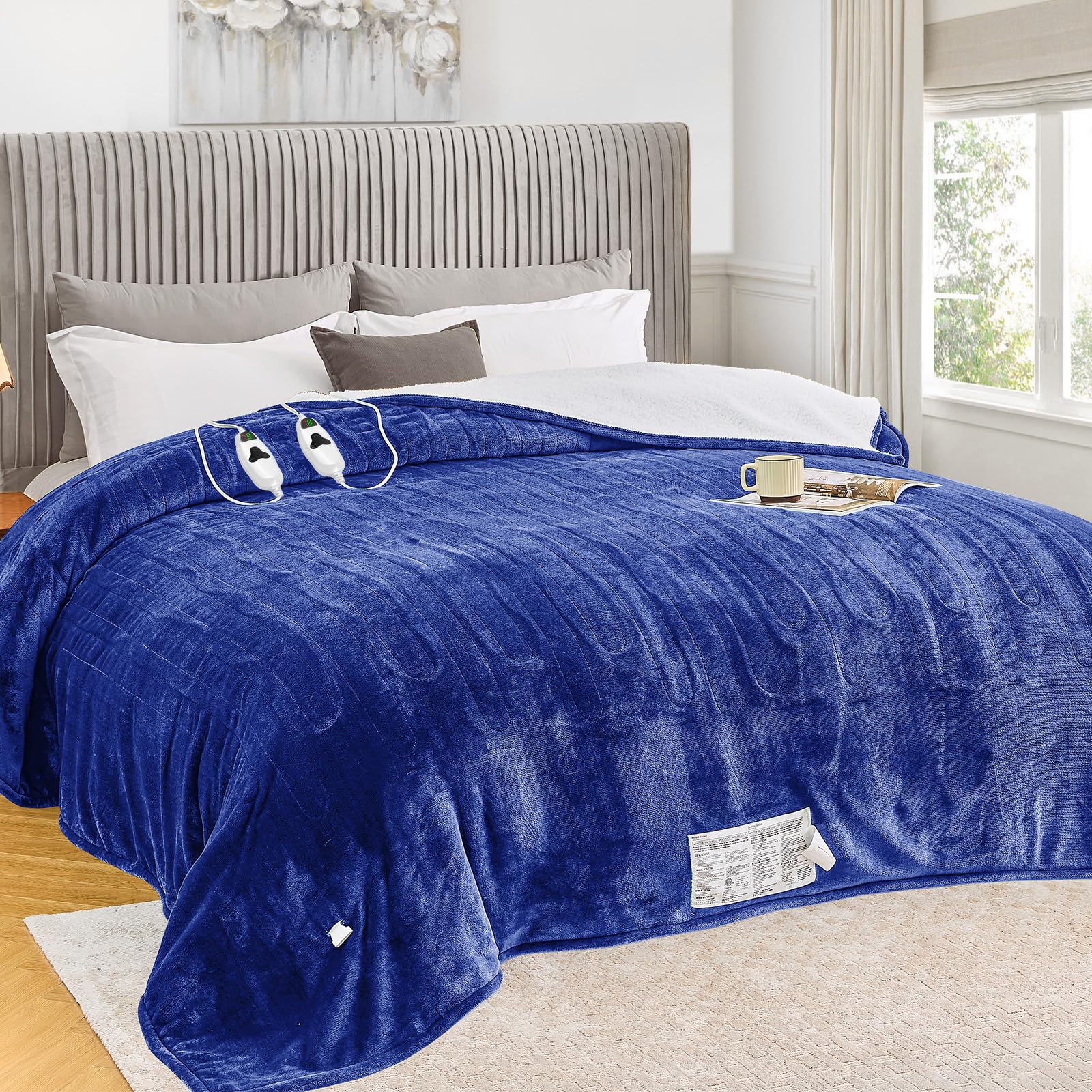 greenoak Heated Blanket Electric Queen Size 84"X90" Dual Control, Heating Blanket with 10 Heat Levels 1/2/4/6/8 Hours Auto-Off Overheat Protection, Sherpa Soft Warm, ETL Certified Sea Blue