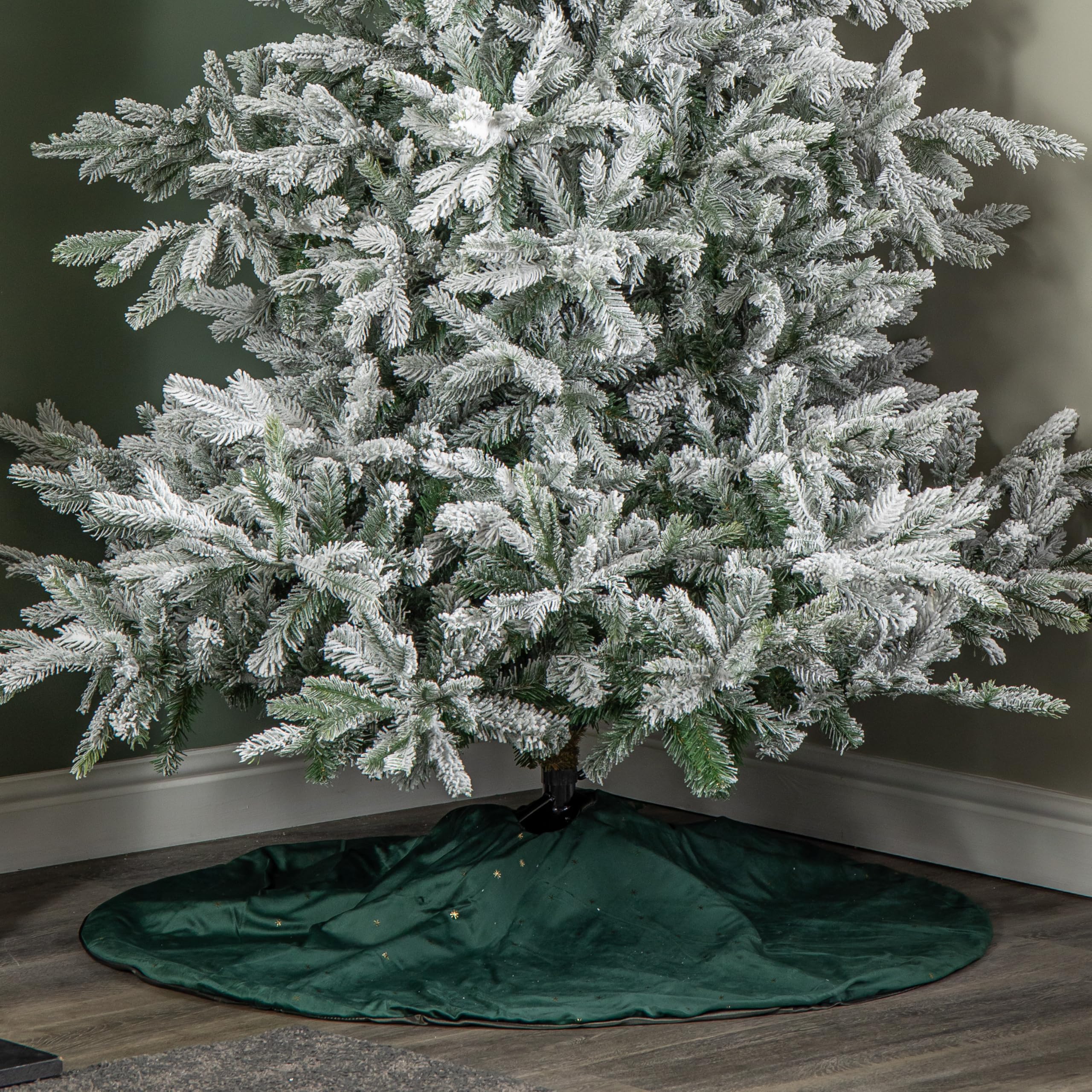 Samuel Alexander 1.2M Soft Dark Green Velour Christmas Tree Skirt With Gold Star Print from B&Q