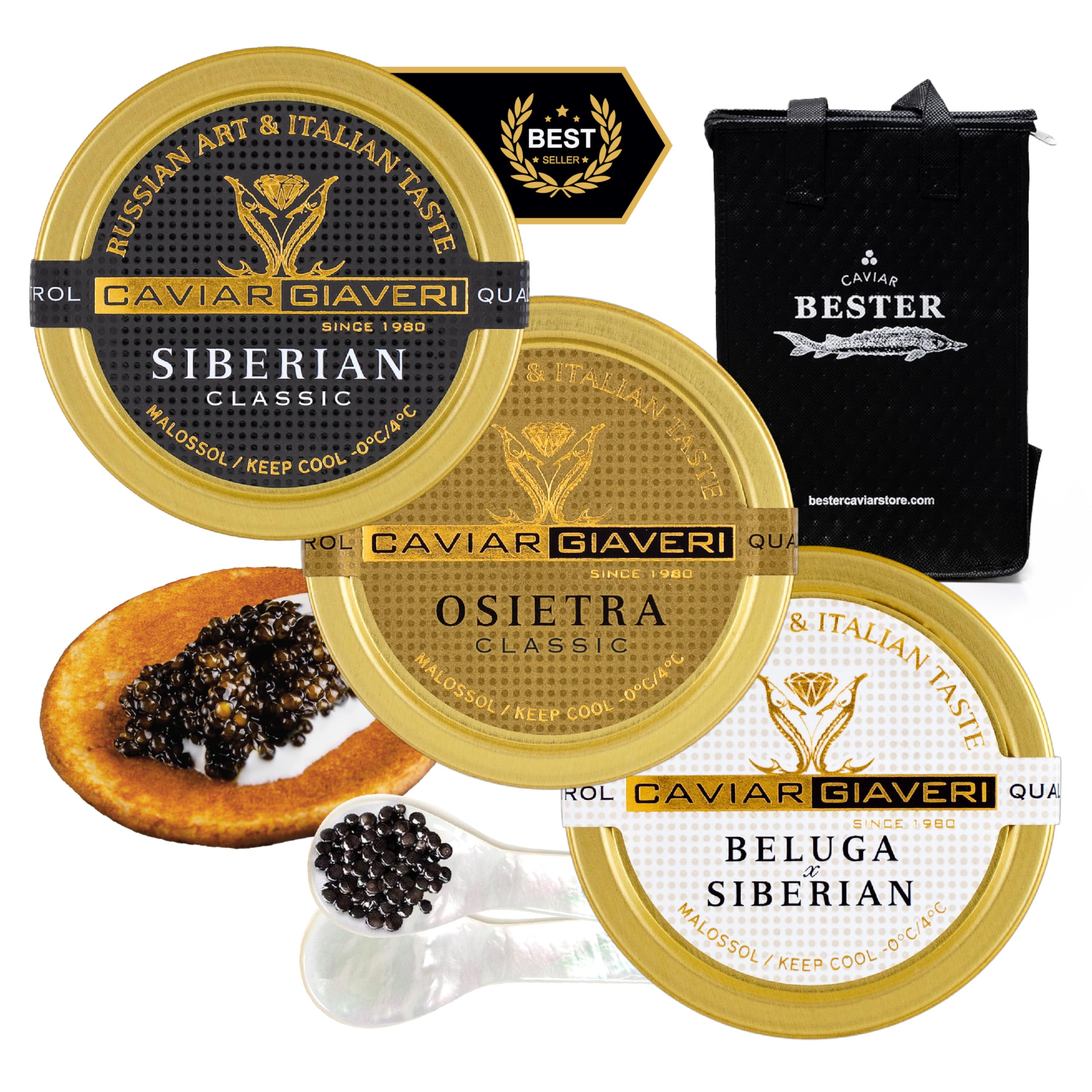 BESTER CAVIAR Czar Trilogy Sampler Set (3 x 1.06 oz) – Royal Beluga Hybrid, Ossetra Classic & Siberian Classic Samplers – Caviar Serving Set with Mini Blinis (30 pcs) & 2 Spoons