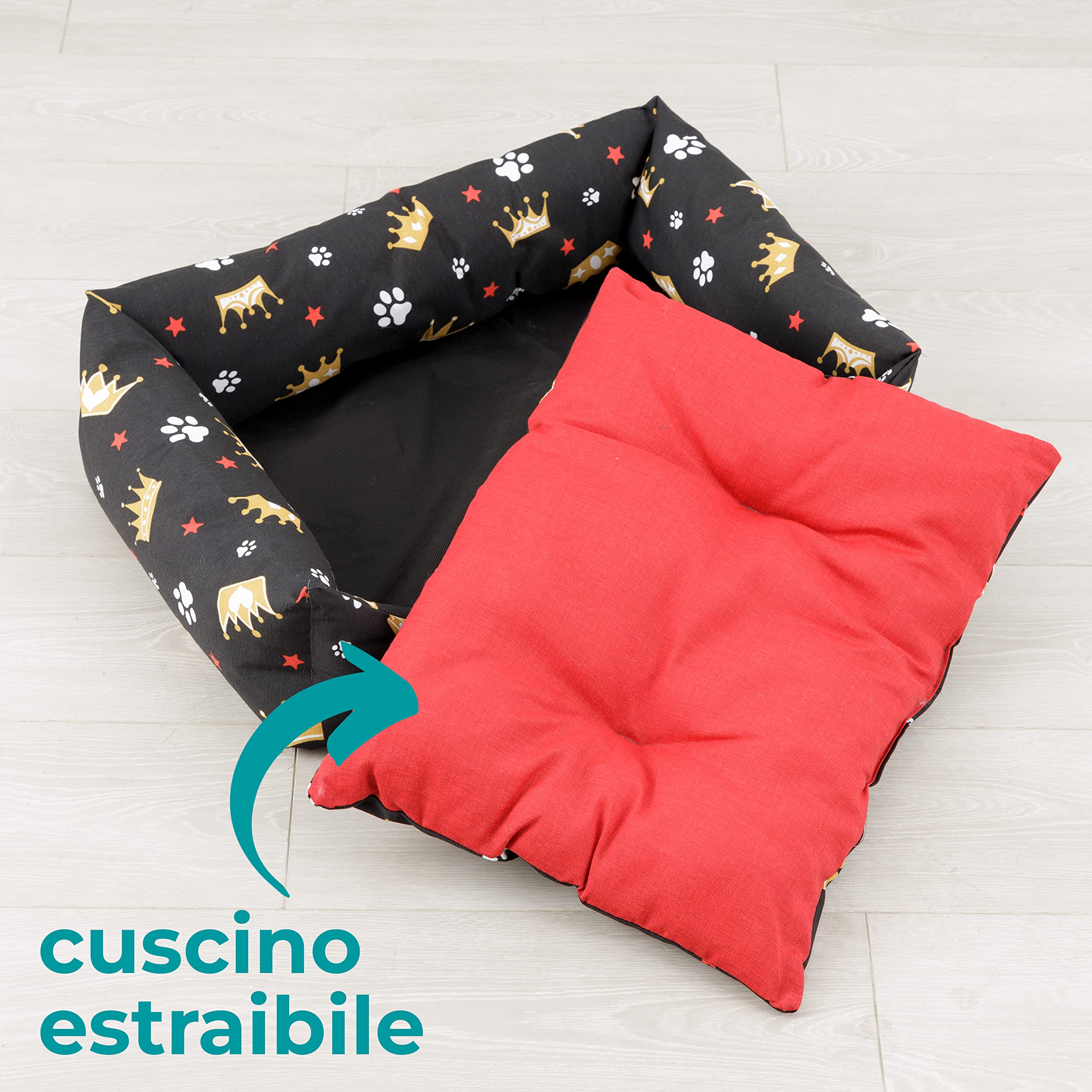 Baroni Home Cuccia per Cane in tessuto Taglia, Morbido Divano per Cani, Comodo, per Camera da Letto Salotto Corridoio, Lavabile (60x70 cm, Rosso e Nero con Corone)