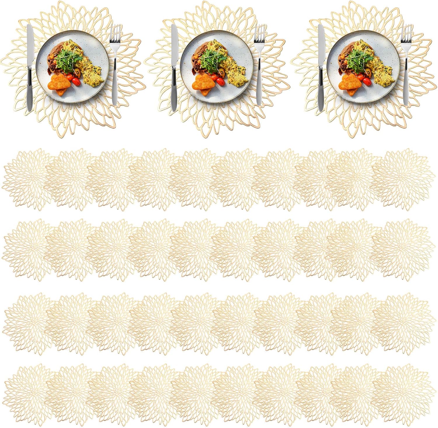 Chengu 100 Pieces Round Pressed Vinyl Placemats Metallic Hollow Out Leaf Flower Table Mats Decorative Wedding Round Placemat for Holiday Party Reception Home Kitchen Dining Table(Gold)