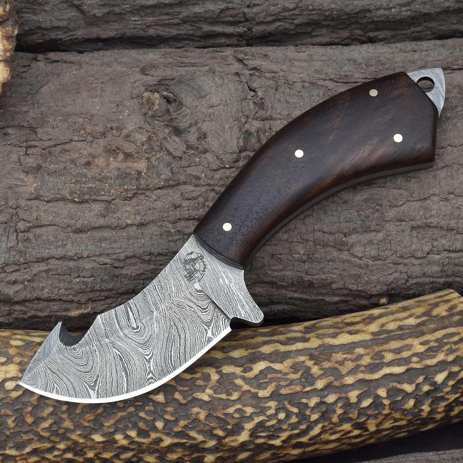 Knives Ranch Gut-Hook Skinning Knife – Full Tang Fixed Blade Hunting Knife - Damascus Steel Blade -Heavy Duty Dual Carry Leather Sheath (2067)
