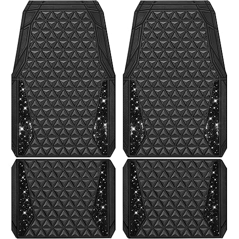 CAR PASS Bling Diamond Car Mats Rubber Floor Mats Full Set Anti-Slip 3D Rhombus Waterproof Trim to Fit Liner Universal Glitter Crystal Sparkly Shining Rhinestone Girl Women SUV Sedan, Black Diamond