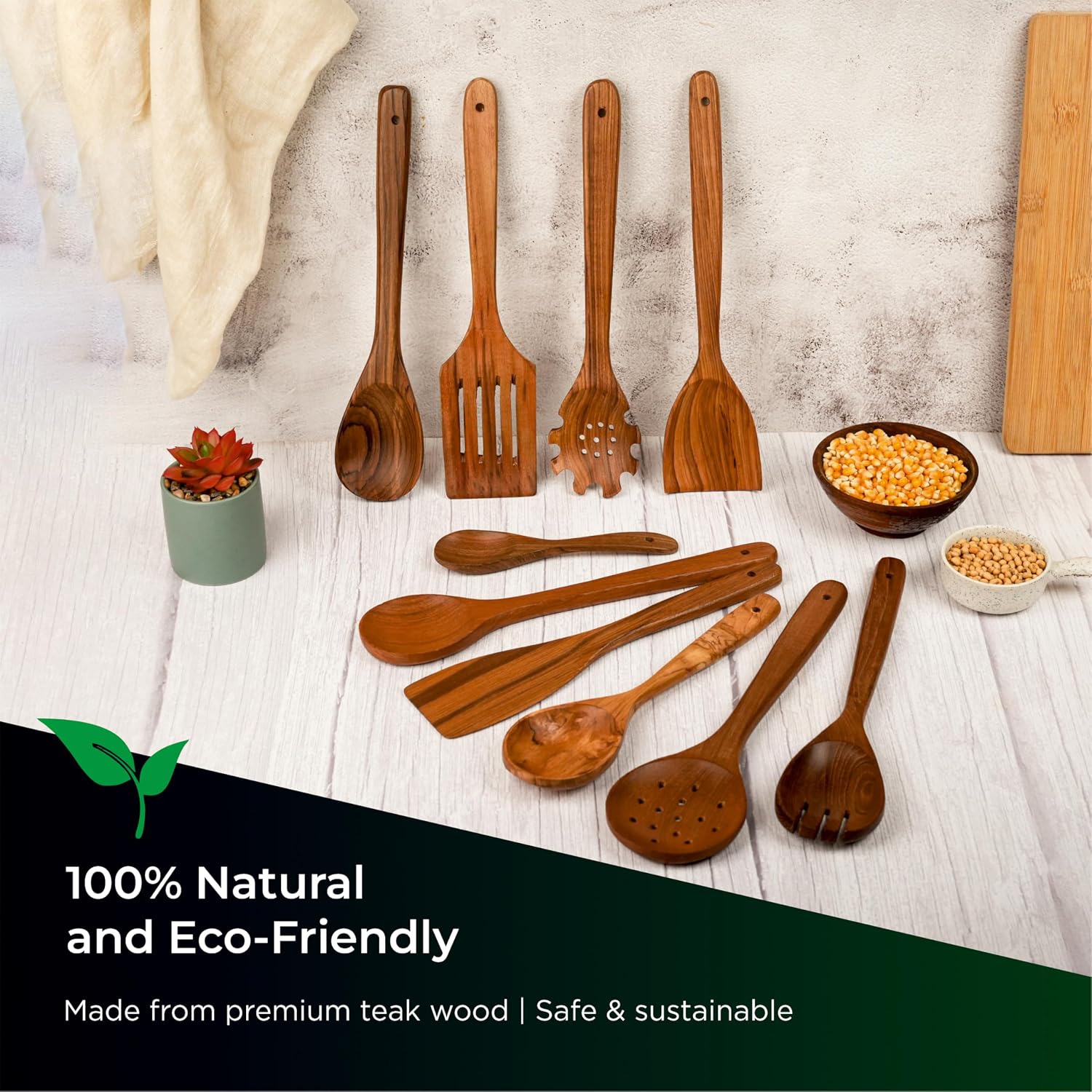 Wooden Spoons for Cooking, 10 Pcs Wooden Cooking Utensils Set – Wooden Utensil Set for Nonstick Pans & Cookware – Teak Wood - Sturdy, Lightweight & Heat Resistant