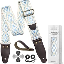 Ruiyang Bohemian Guitar Strap with Pick Holder & Picks, Quality Brown Leather Ends for Acoustic Folk & Classical Guitars