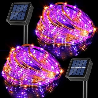 Solar Halloween Rope Lights Outdoor, 33ft 100 LED Rope Lights Waterproof, PVC Tube Fairy String Lights with 8 Modes for Halloween Night Party Garden Tree Decor (Orange, Purple, 2 Pack)