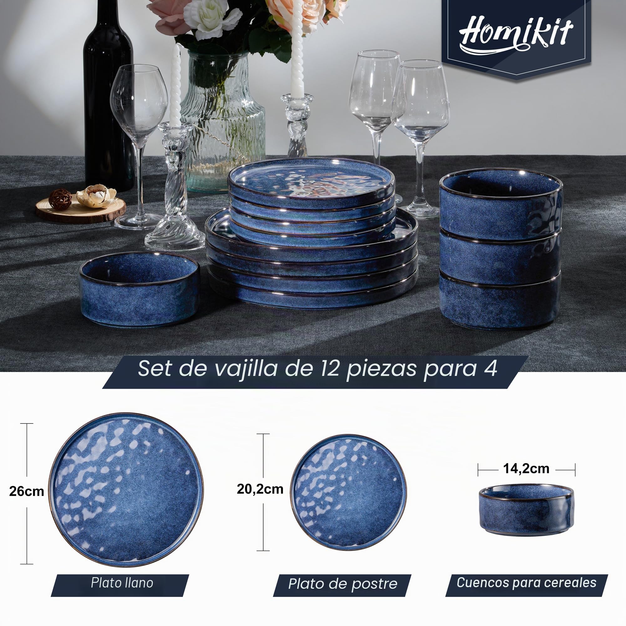 Juego de vajilla Homikit, juego de vajilla de 12 piezas para 4 personas, servicio de mesa combinado con platos llanos, platos de postre y cuencos para cereales, azul noble