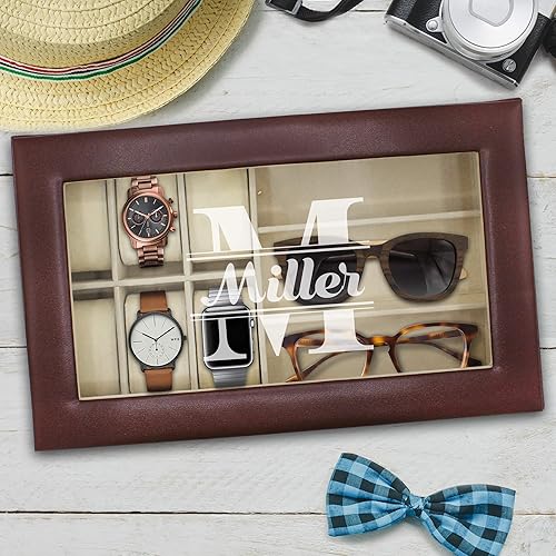 Miniatura 2 de The Wedding Party Store Caja personalizada para relojes y lentes de sol, estuche organizador de relojes y lentes grabado personalizado (marrón)