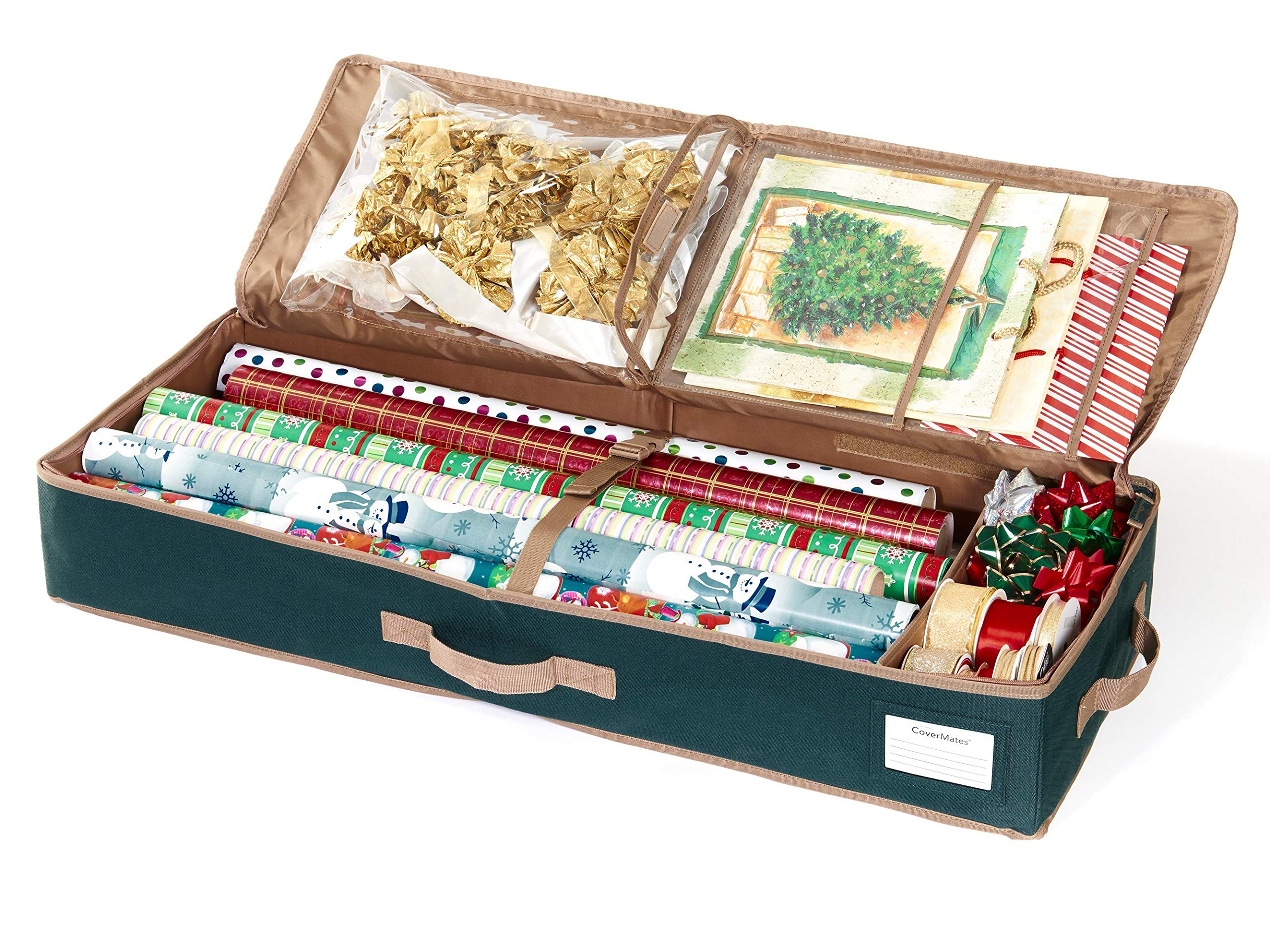 Covermates Keepsakes Gift Wrap Organizer - Holds up to 25 Rolls - Heavy Duty - Accessory Trays with Adjustable Compartments - Mesh Pocket - Holiday Storage-Green