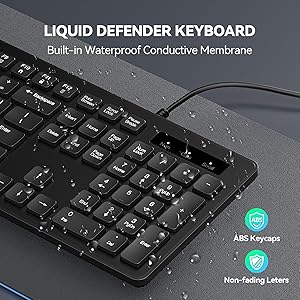 TECKNET Wired Keyboard,Silent USB Keyboard for Office,Spill-Resistant,Slim Full-Size Membrane Layout,Plug and Play for PC/Laptop/Mac