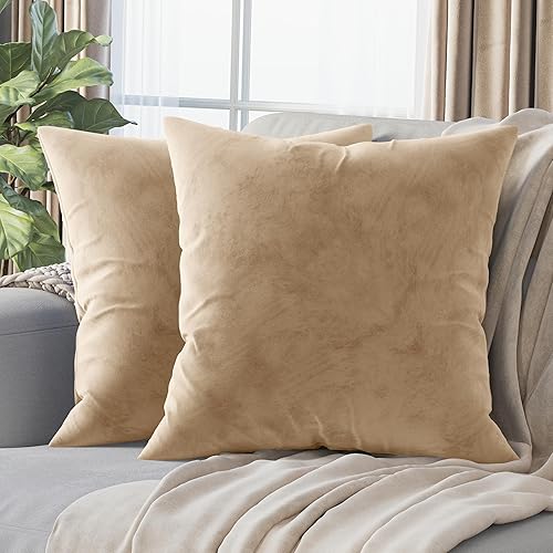 NEATERIZE Premium Velvet Pillow Covers 20x20 Greige - Washable Decorative Fabric Throw Pillow Covers for Couch or Bed - Set of 2