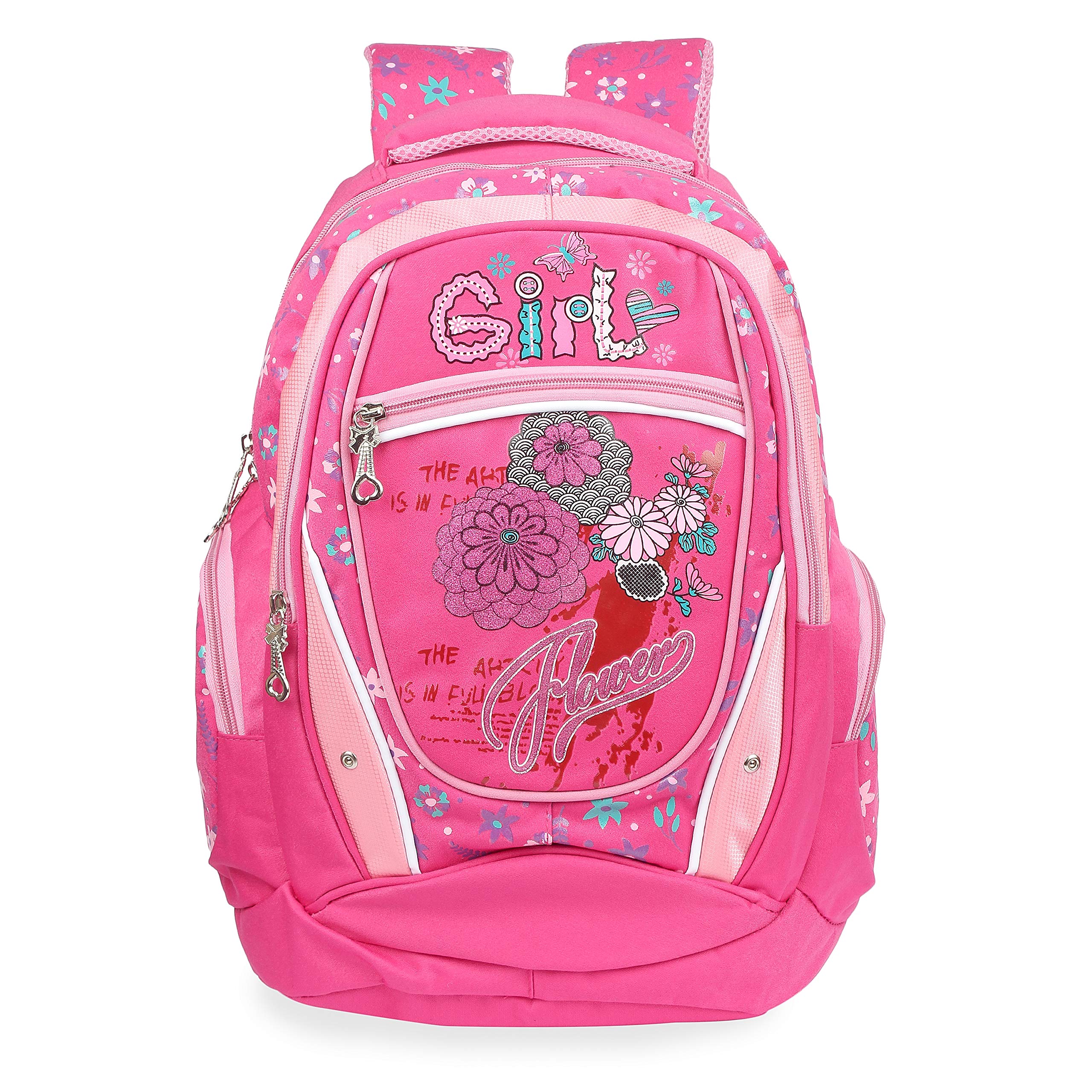 Online World Printed Polyester Backpack for Boys and Girls (Flower-Pink)