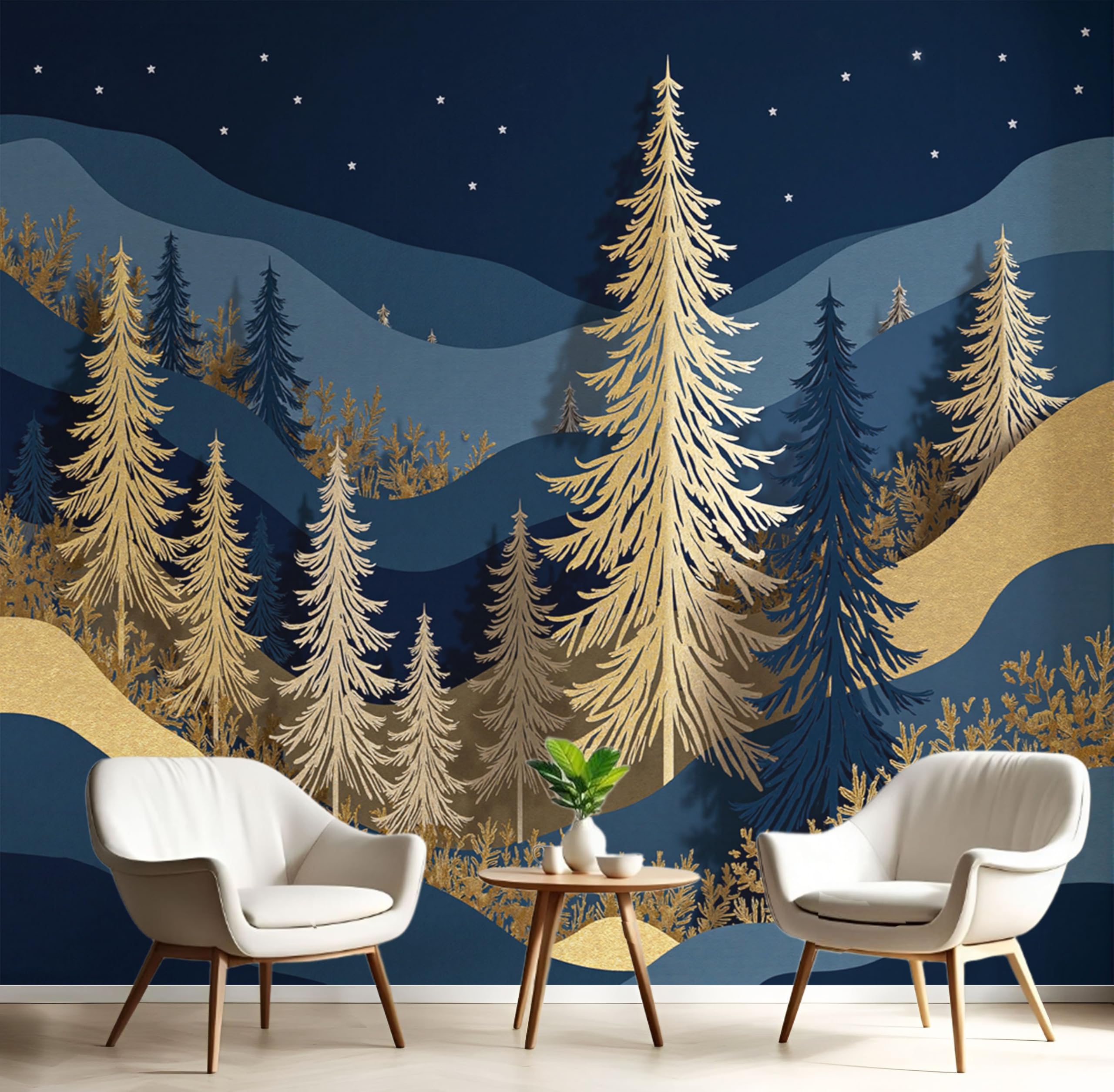 Papier Peint Panoramique Pins Montagnes Bleu Or 350x256 cm