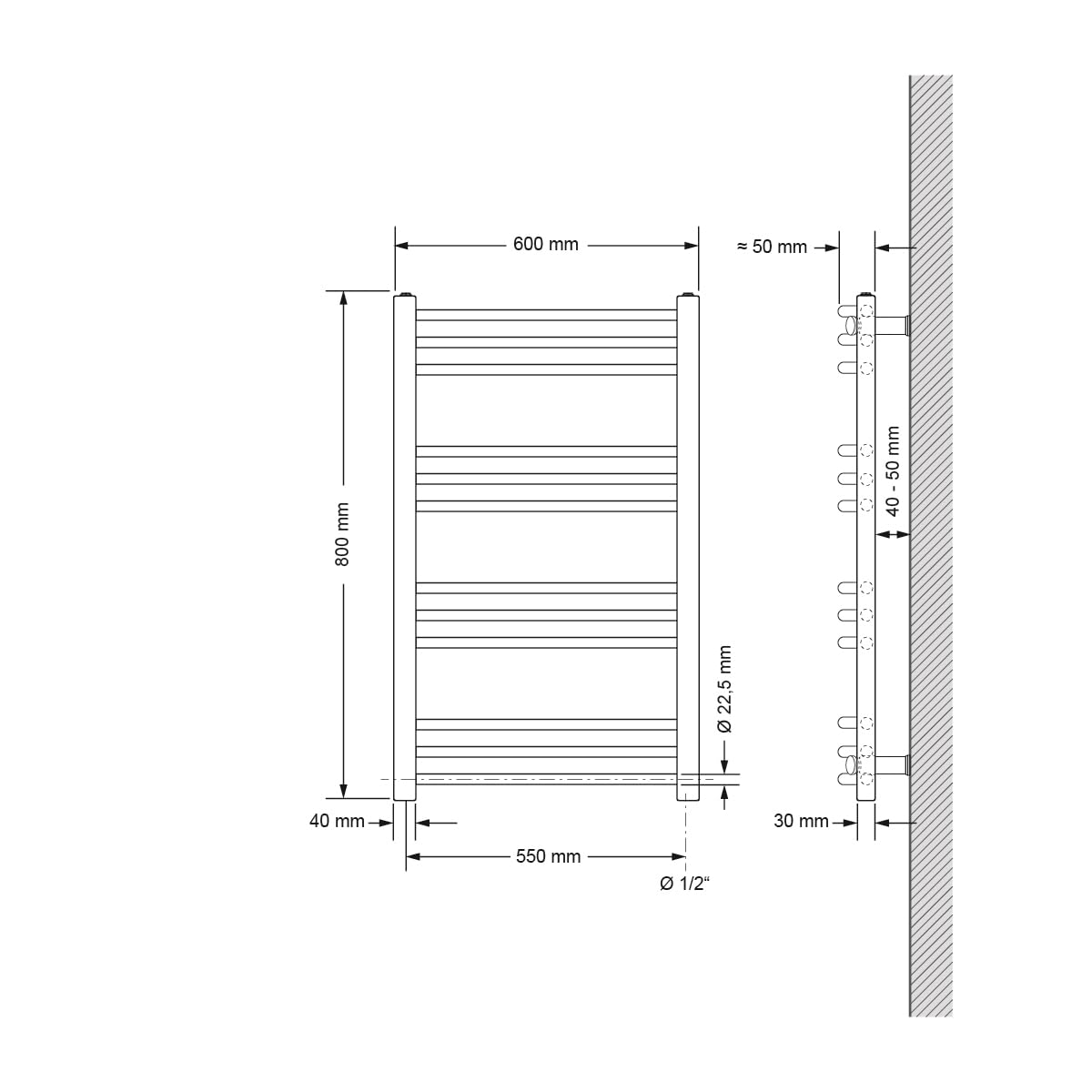ECD Germany Radiateur Sèche-Serviettes Sahara - 600 x 800 mm - Blanc - Courbé avec Raccordement Latéral - Sèche Serviette Chauffage pour Salle de Bain