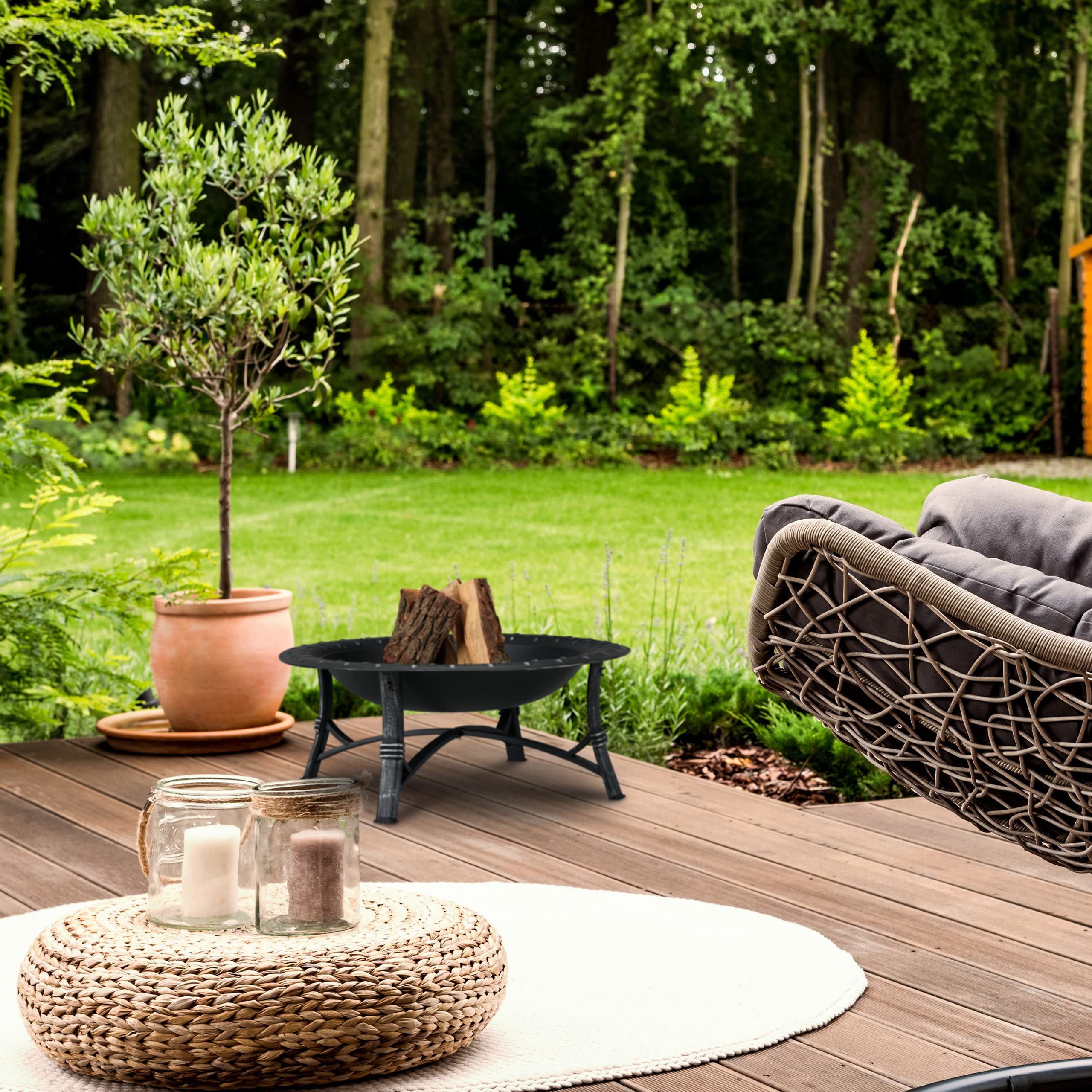 Relaxdays Brasero Exterior con Protección Antichispas, Jardín y Terraza, con Atizador, 52 x 90 cm, Estufa de Leña, Negro