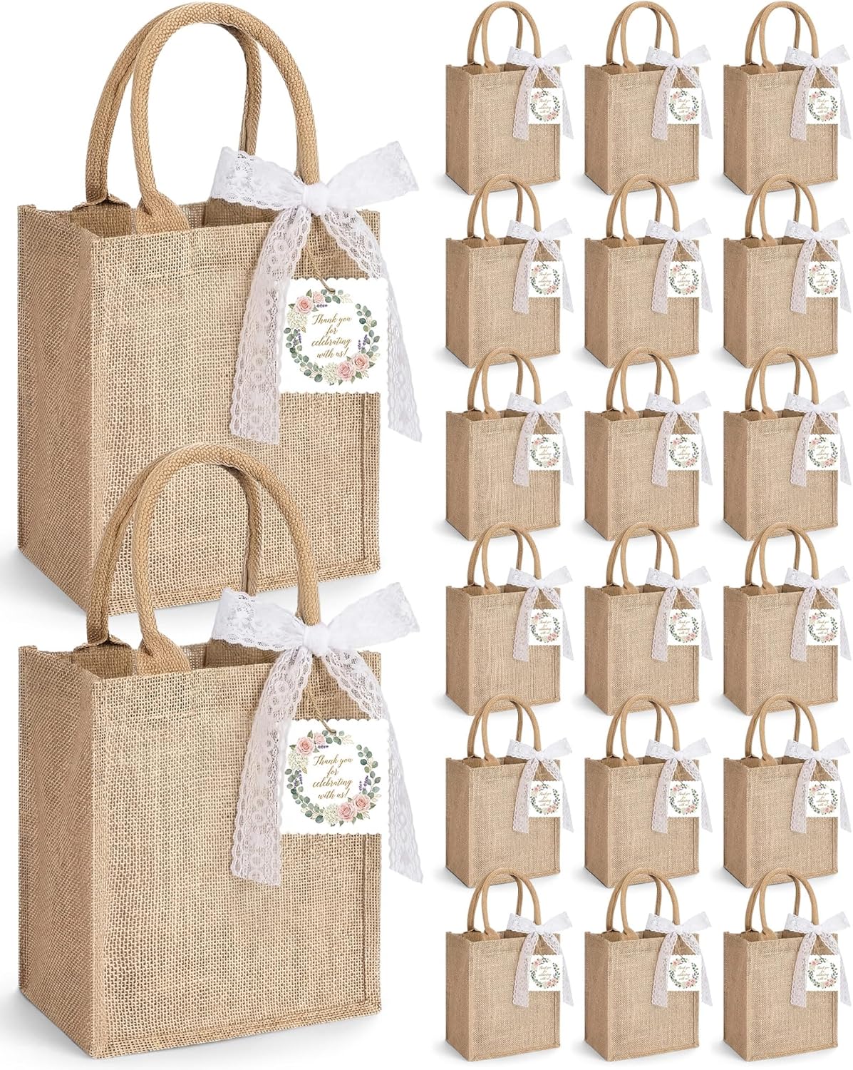 Hsei 20 Pack Burlap Tote Gift Bags with Handles Lace Bow Gift Tags 9.8''x 7.9''x 4.3'' Reusable Small Jute Tote Bags Bulk for Wedding Bridesmaid Bachelorette Bridal Shower Beach Party Favors
