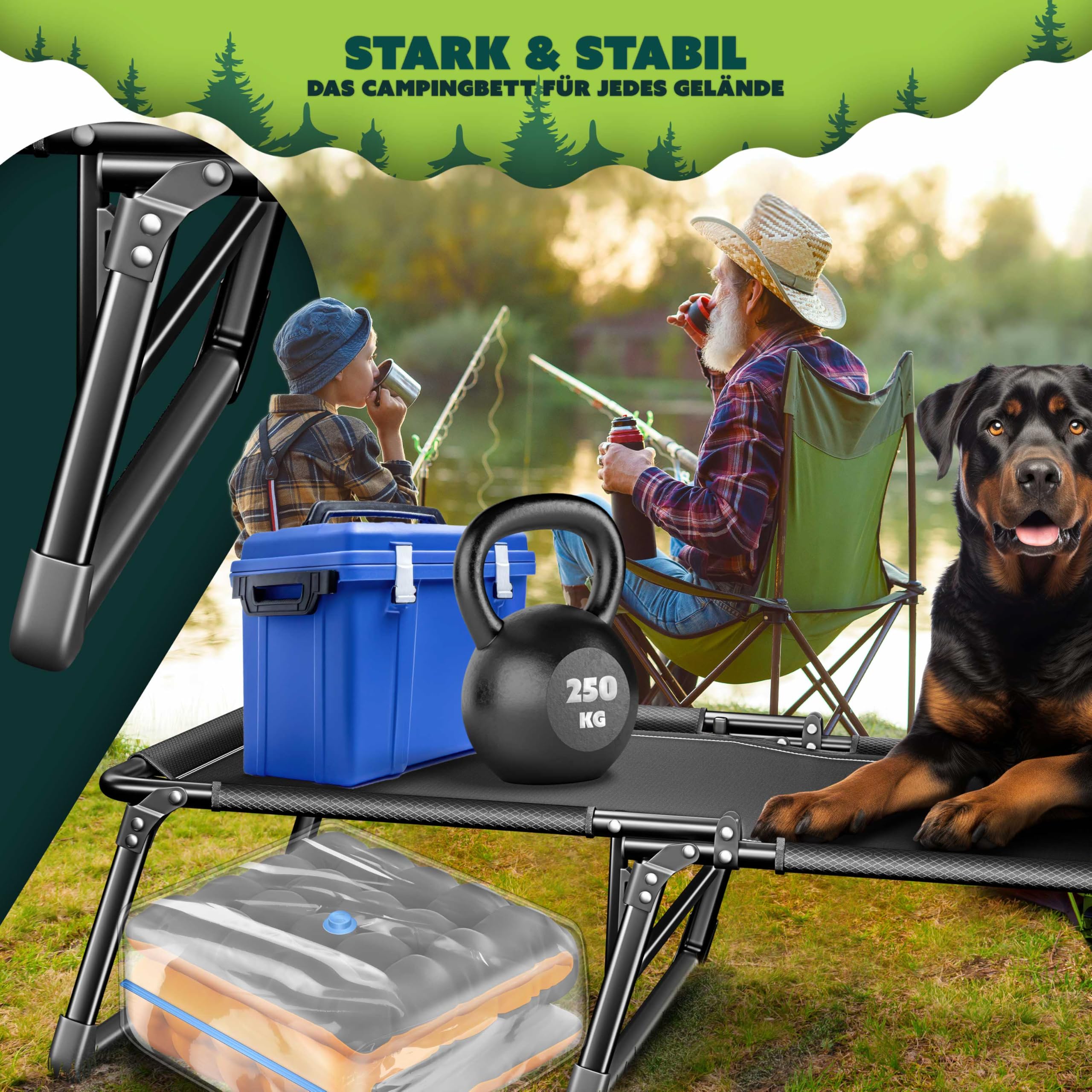 KESSER Lit de camping pliable, 190 x 68 x 30 cm, charge maximale jusqu'à 250 kg, en tissu Oxford et cadre en acier robuste + sac de transport, coussin cervical, poche latérale et porte-boisson