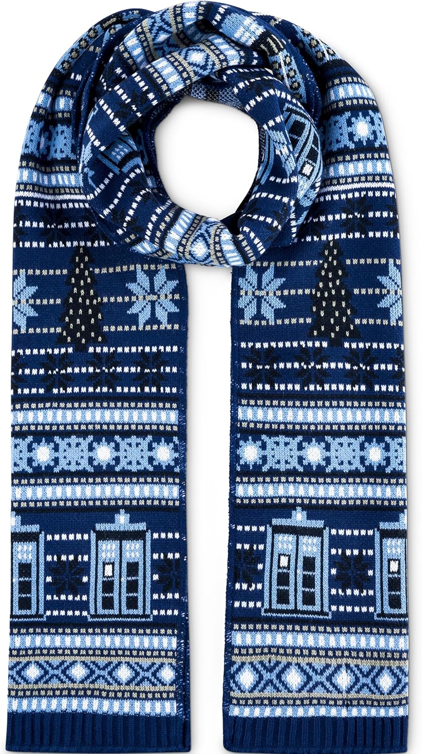Doctor Who Christmas Scarf - Official Merchandise - TARDIS and Dalek with Chrismtas Trees