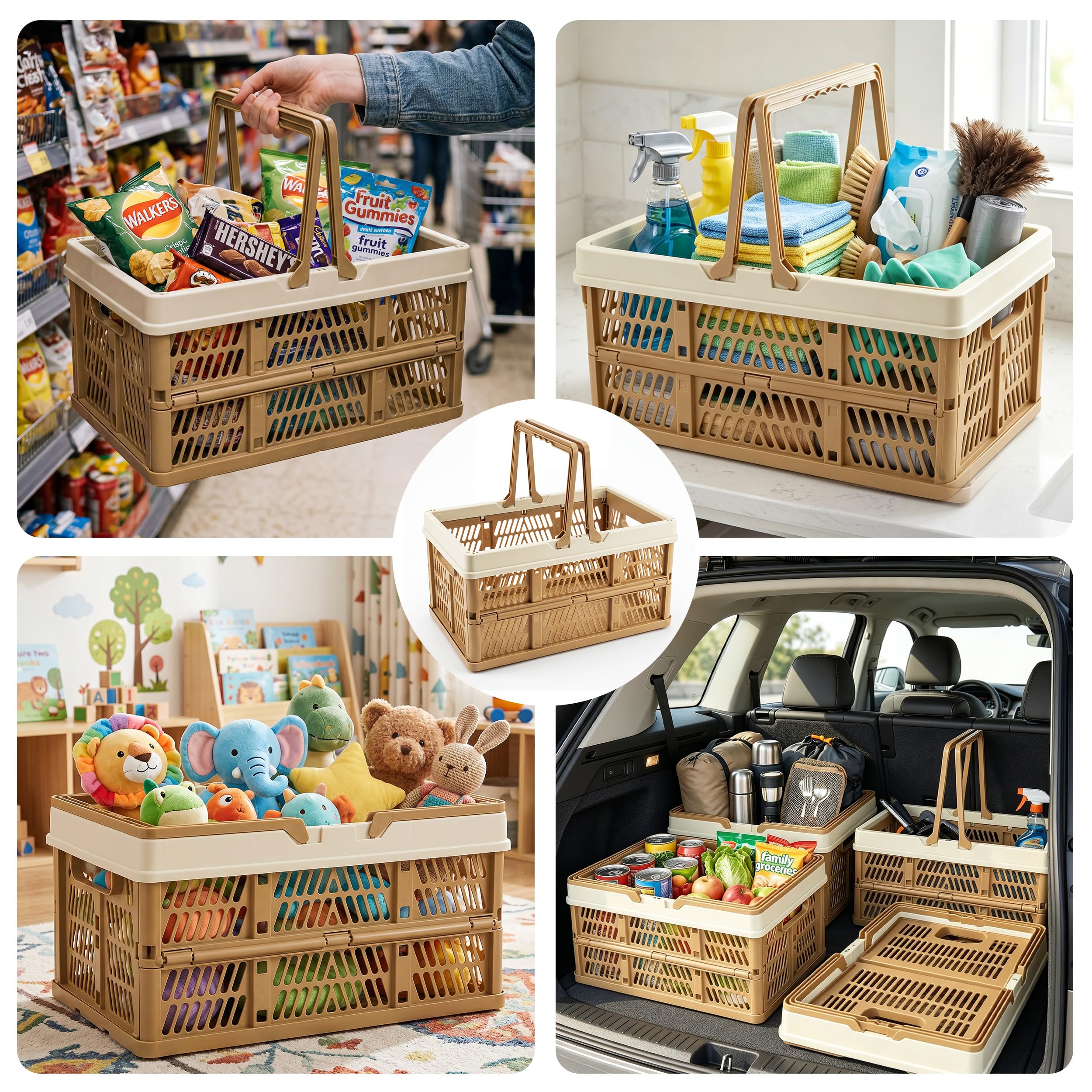 VALESKA Caisse pliable de 20 L, panier à lait pliable en plastique pour rangement, panier de courses pliable avec poignées, panier de coffre de voiture, pour cuisine (marron)