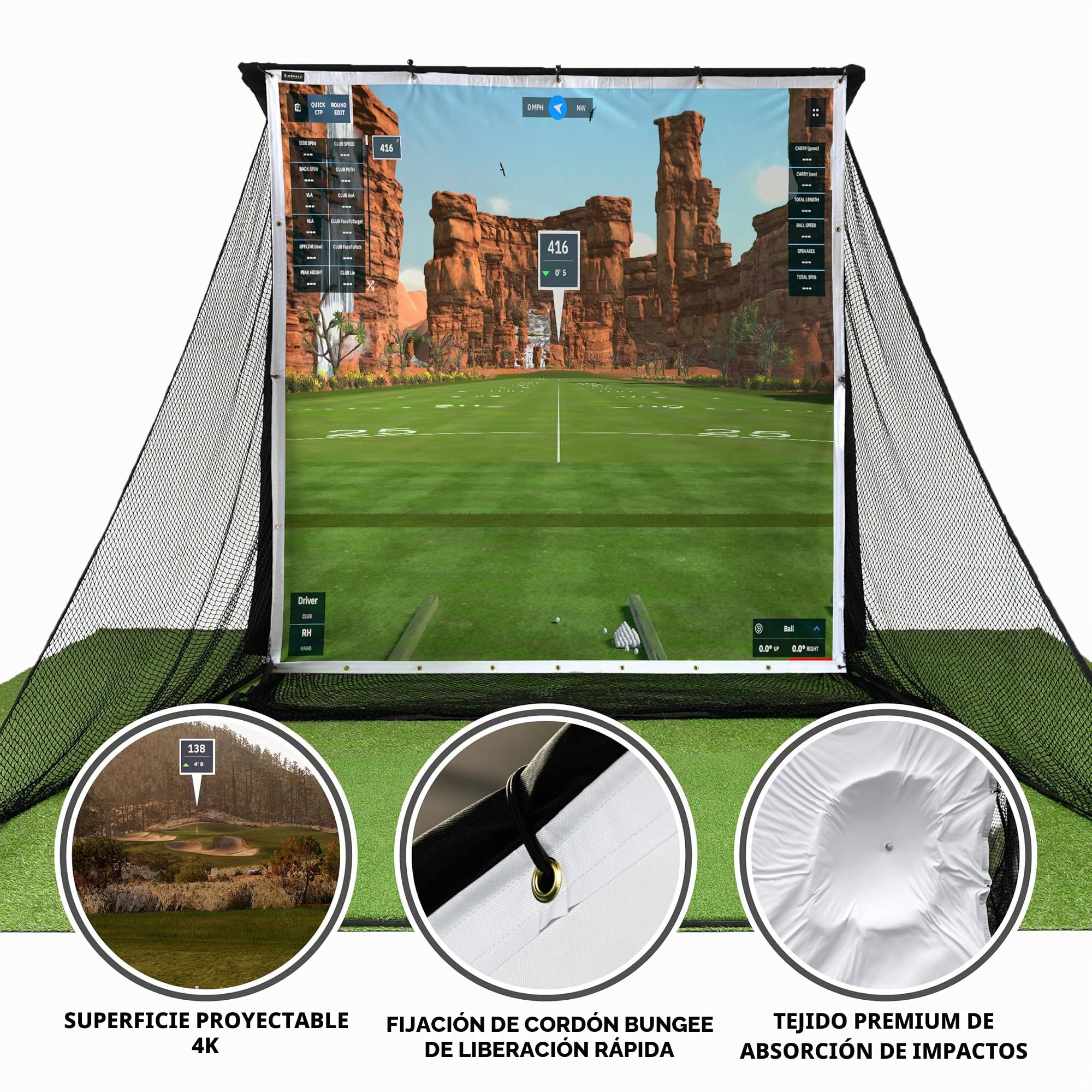SimSpace Deluxe Home - Red de conducción de 2,4 x 2,5 m, Pantalla de proyector para simulación de Golf, Compatible con Red de conducción (Red no incluida), Incluye 20 Cuerdas elásticas, Tela de