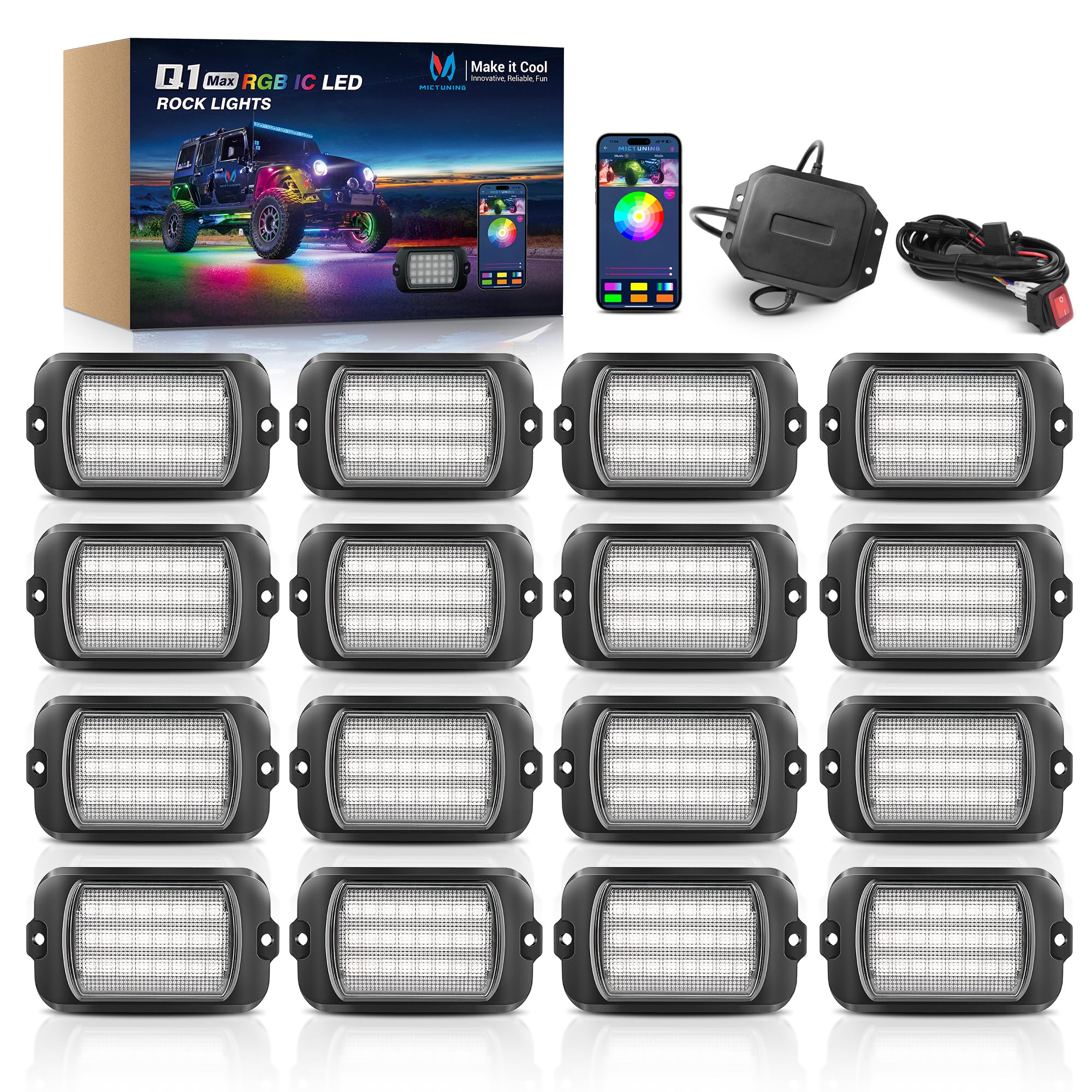 MICTUNING 2025 1000% Bright Q1 MAX RGB+IC LED Rock Lights, 384 LEDs 16 Pods Chasing Dreamcolor Extensible Underglow Multicolor Neon Light Underbody Lighting Kit with APP Control for Truck ATV UTV Boat