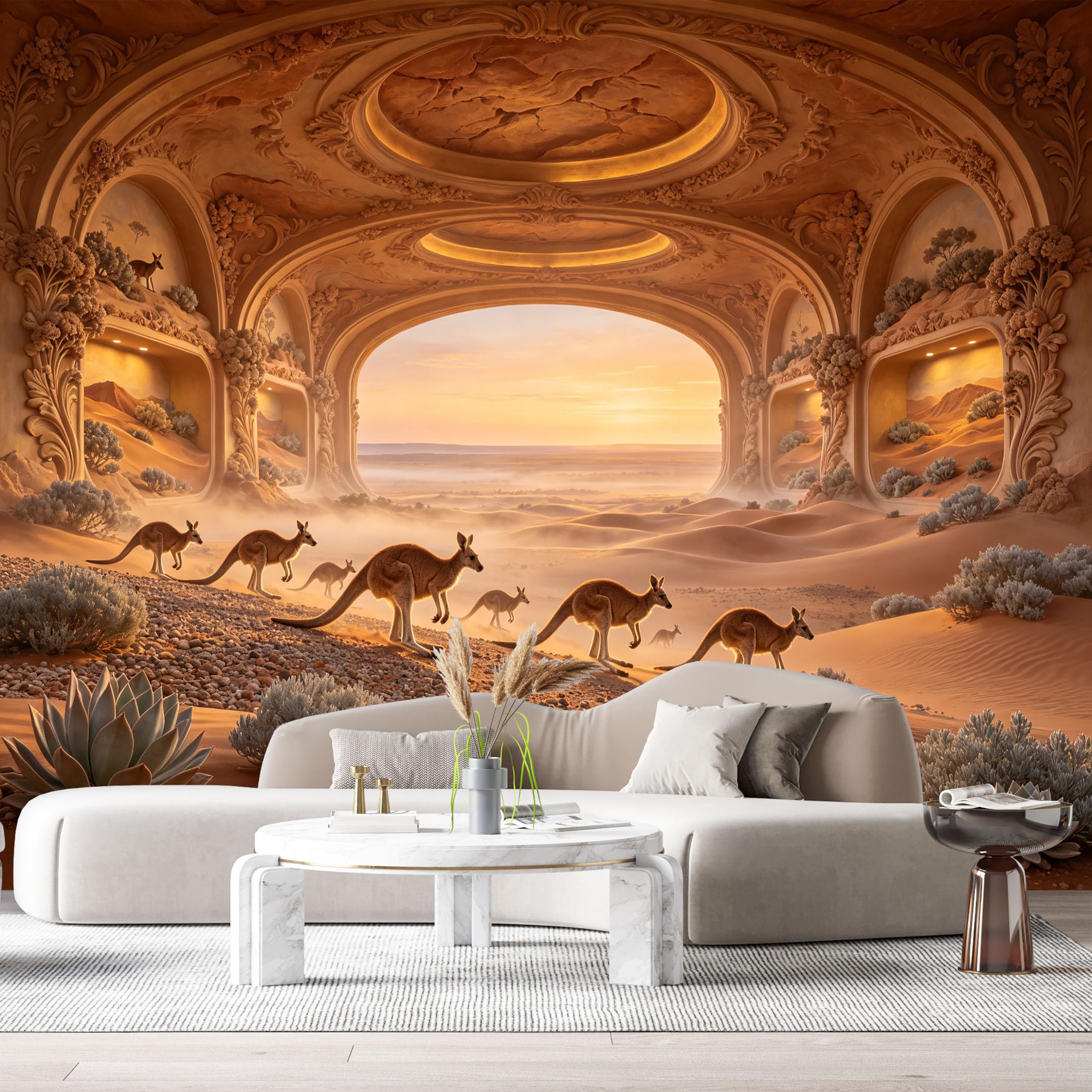 Custom Size Wall Murals Desert Kangaroo Sunset Landscape 3D Trompe L'Oeil SelfAdhesiveWall Fabric Removable Wallpaper Wall Decor for Living Room Bedroom Bathroom