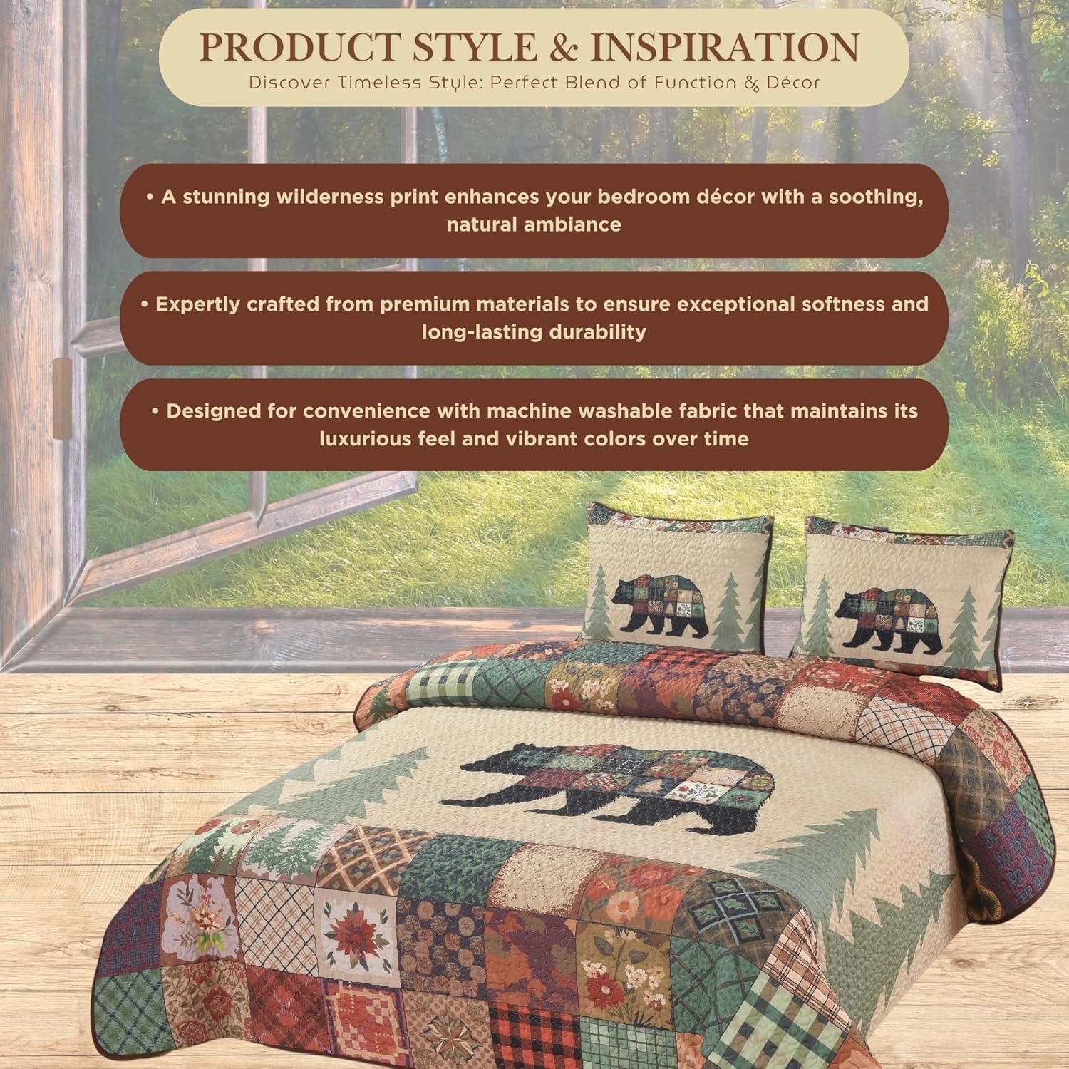 BestGiftEver Bear Themed Queen Quilt Coverlet Set – Rustic Cabin Bedding – 3-Piece Bedspread (90" x 90") with 2 Standard Pillow Shams – Cozy Woodland Decor for Lodge & Mountain Homes