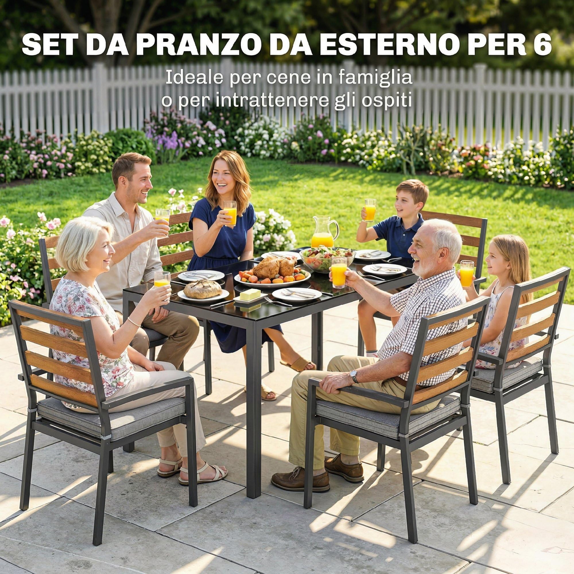 Outsunny Set Tavolo e Sedie da Giardino 7 Pezzi, Set Pranzo Esterno con Tavolo da Giardino Rettangolare in Vetro Temperato, 6 Sedie, Cuscini, Struttura Acciaio Zincato per Terrazza Balcone, Nero