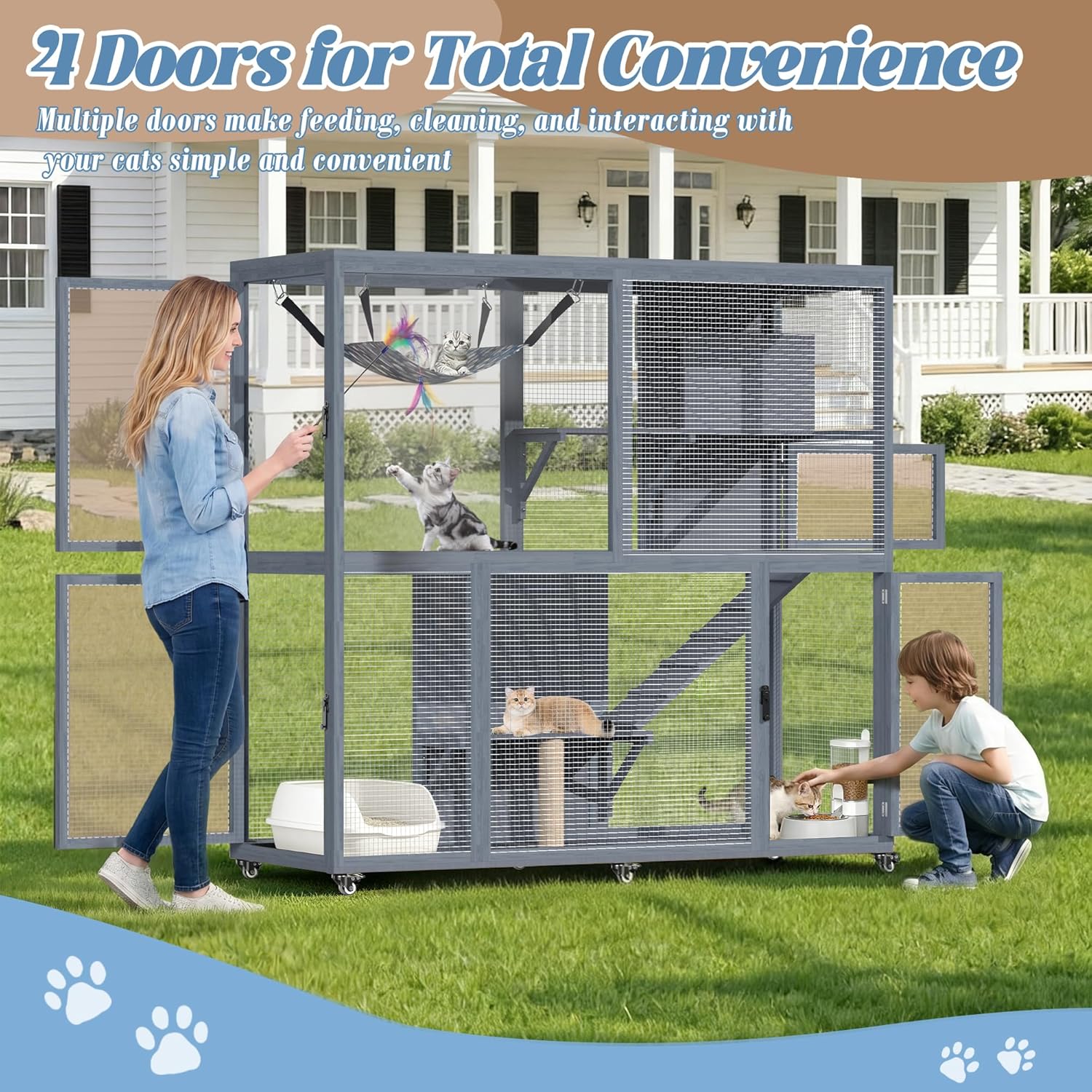 MAGIC UNION 4-Tier Large Wooden Catio on Wheels, Mobile Outdoor Cat Enclosure Cage for Multiple Cats, Cat Patio with Waterproof Sunshine Roof, 4 Access Doors, Resting Box & Cat Hammock (Grey)