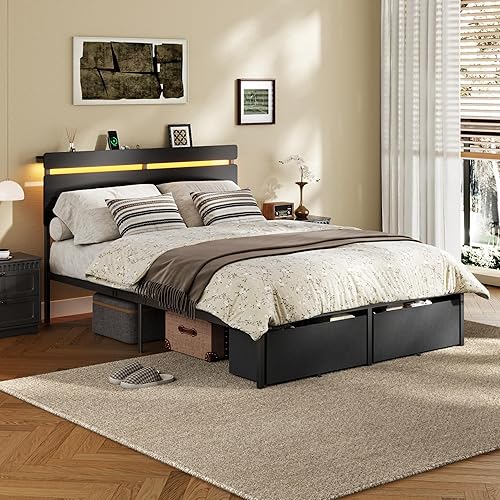 Miniatura 5 de Forestell Marco de cama tamaño completo con cabecera de madera, cama plataforma negra con 2 cajones de almacenamiento y estante, estación de carga