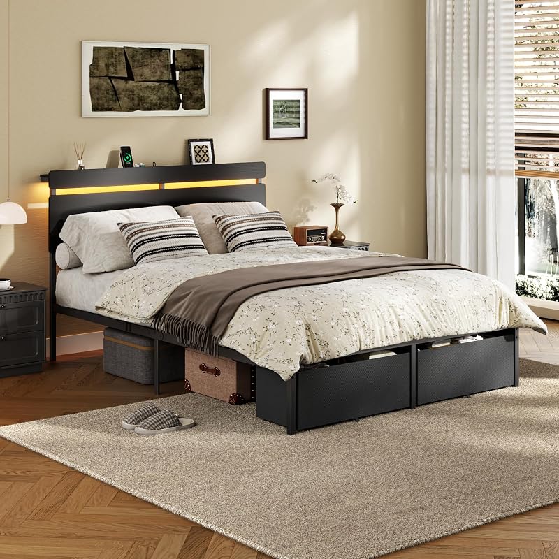 Forestell Full Size Bed Frame with Wood Headboard,2 Storage Drawers & Shelf image 5