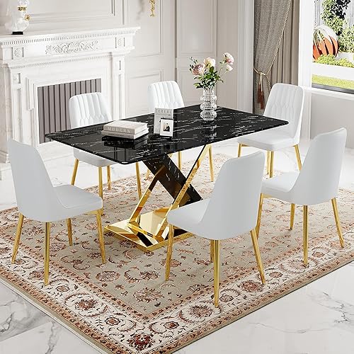 Miniatura 34 de Juego de mesa de comedor de mármol para mesa rectangular blanca de 6.63 pulgadas con marco de metal plateado en forma de X y 6 sillas de comedor de