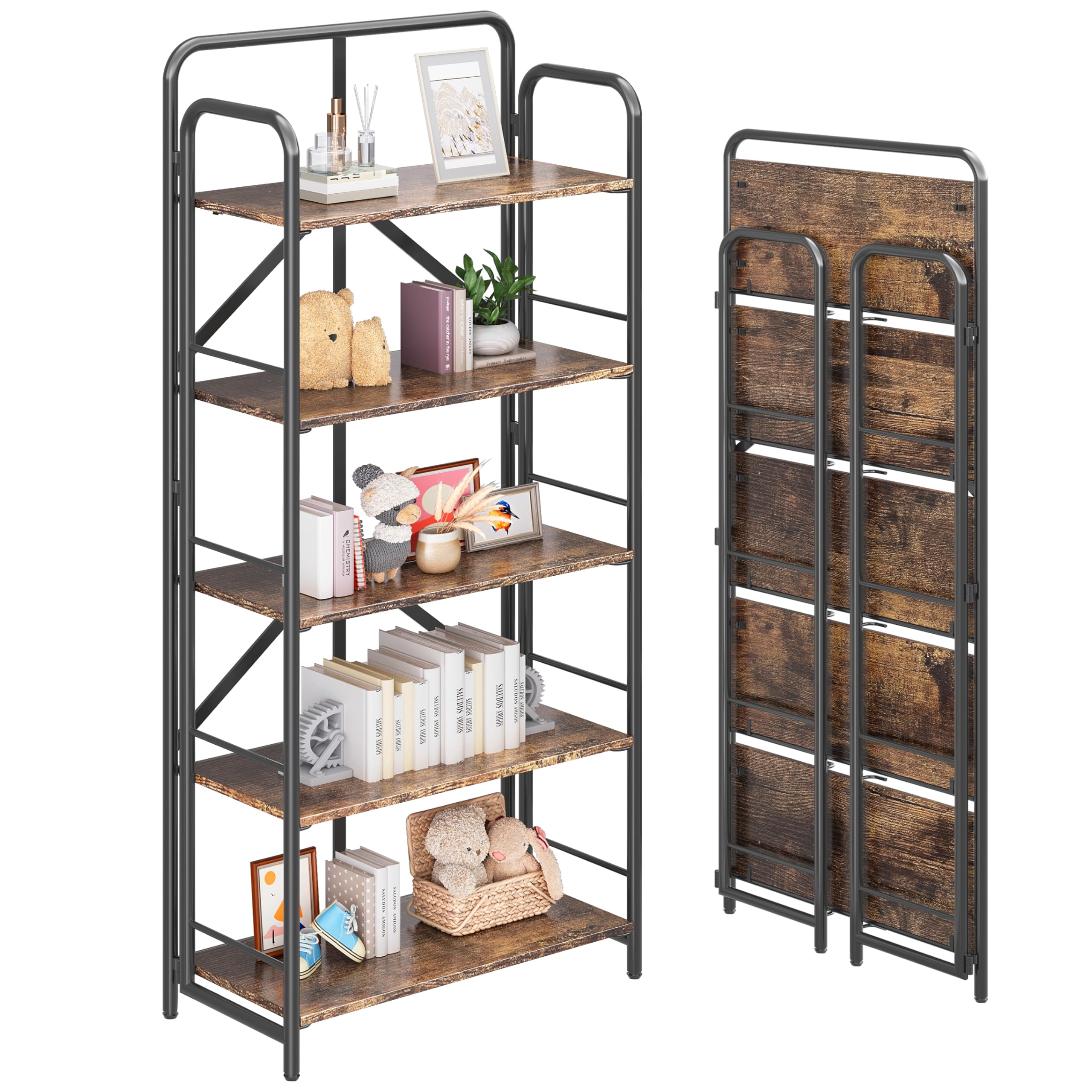 4NM No Assembly Folding Bookshelf, 5 Tiers Collapsible Book Shelves Open Industrial Foldable Storage Bookcase Shelf for Bedroom, Living Room, Home