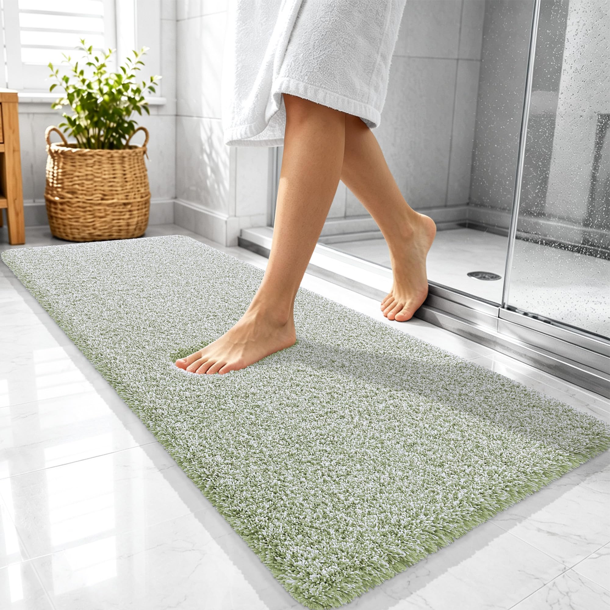 OLANLY Microfiber Bathroom Rugs 47x20, Quick Dry Mat, Sage Green and White