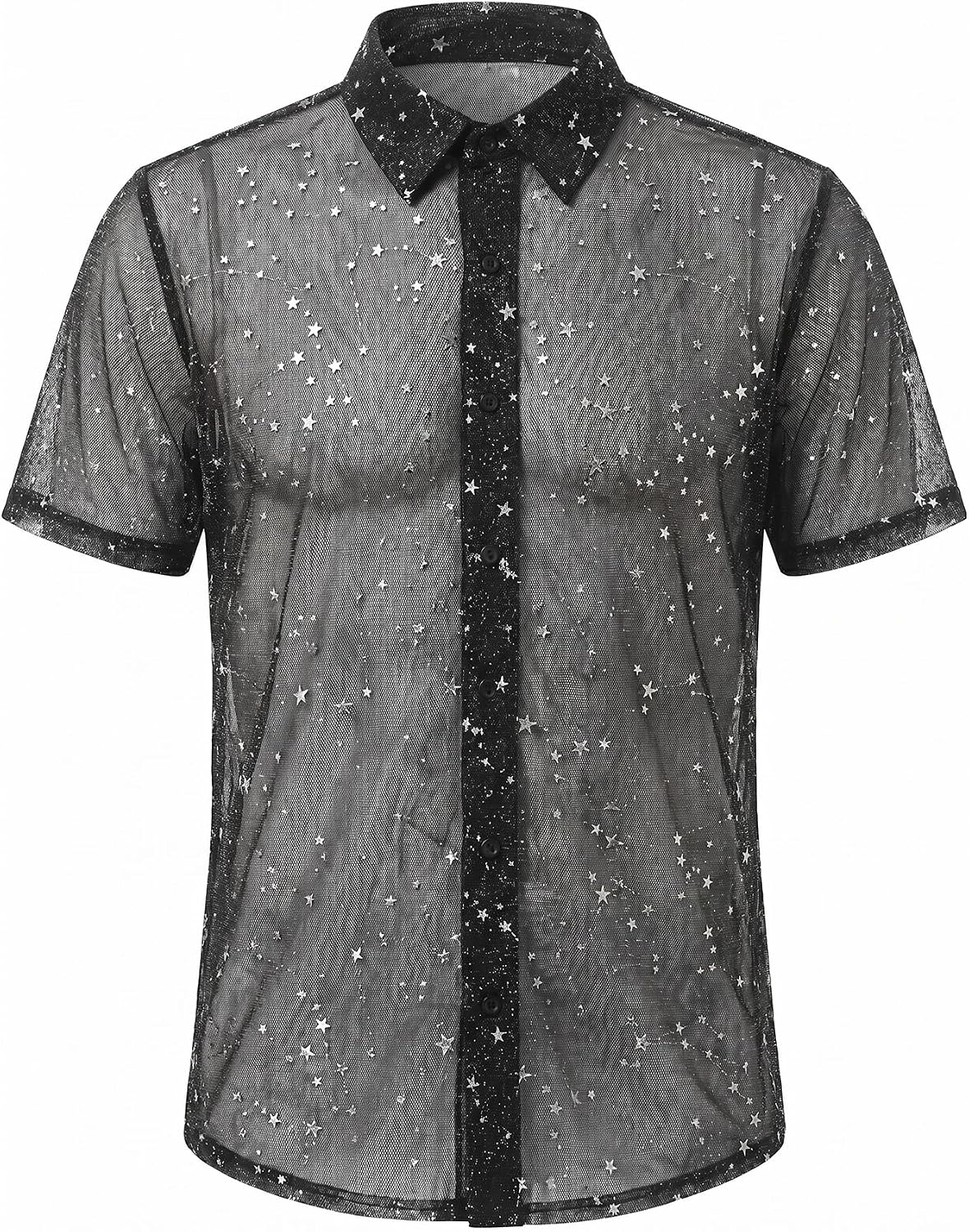Men's Mesh Sheer Solid Short Sleeve Collar Button Front Party Shirt Tops