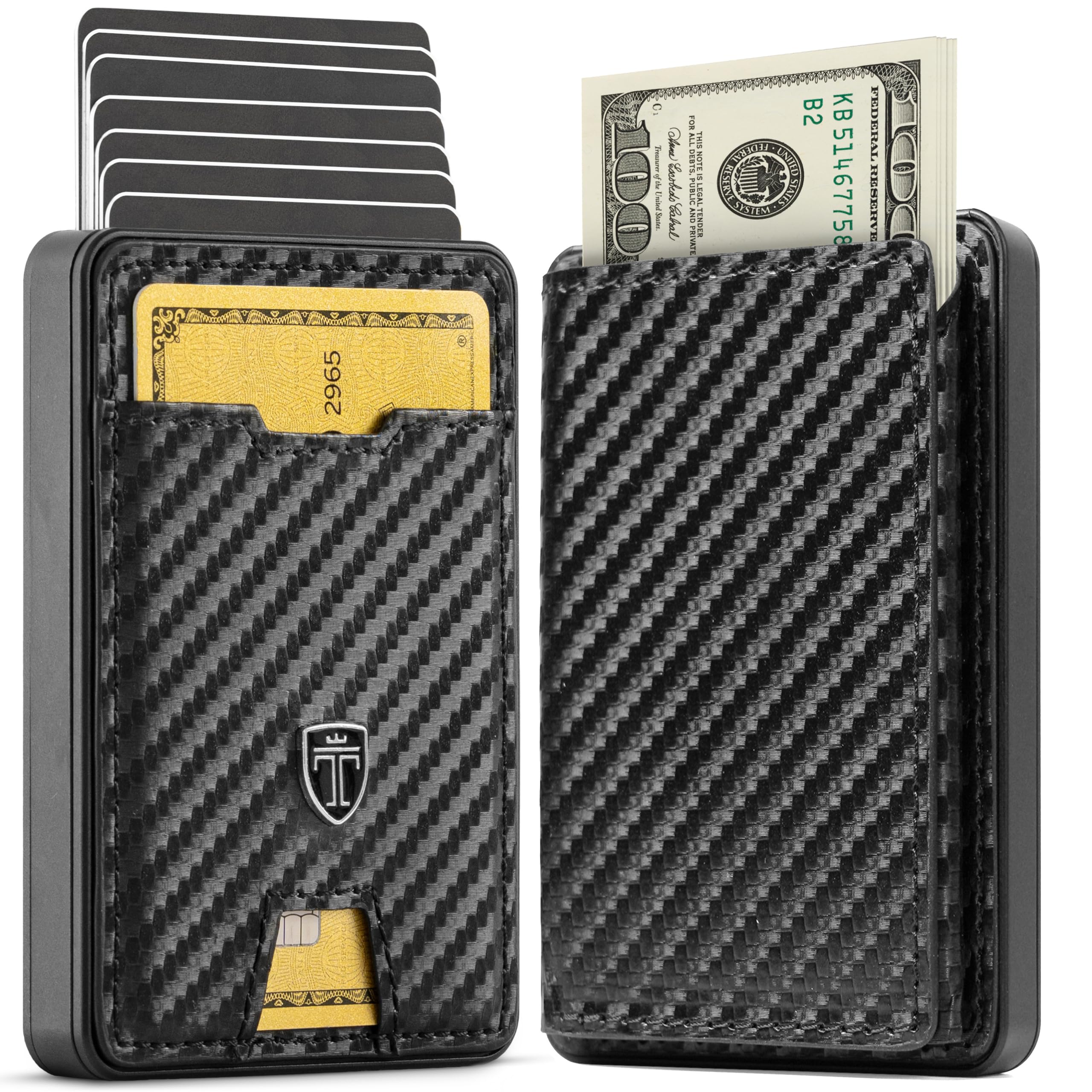 TRAVANDO SWYPE Alluminio Portafoglio Uomo Slim - Carbonio Portacarte Uomo Protezione RFID - Porta Tessere piccolo con cinturino Porta Soldi - Portafogli Slim Di Credito - Mini Smart Wallet