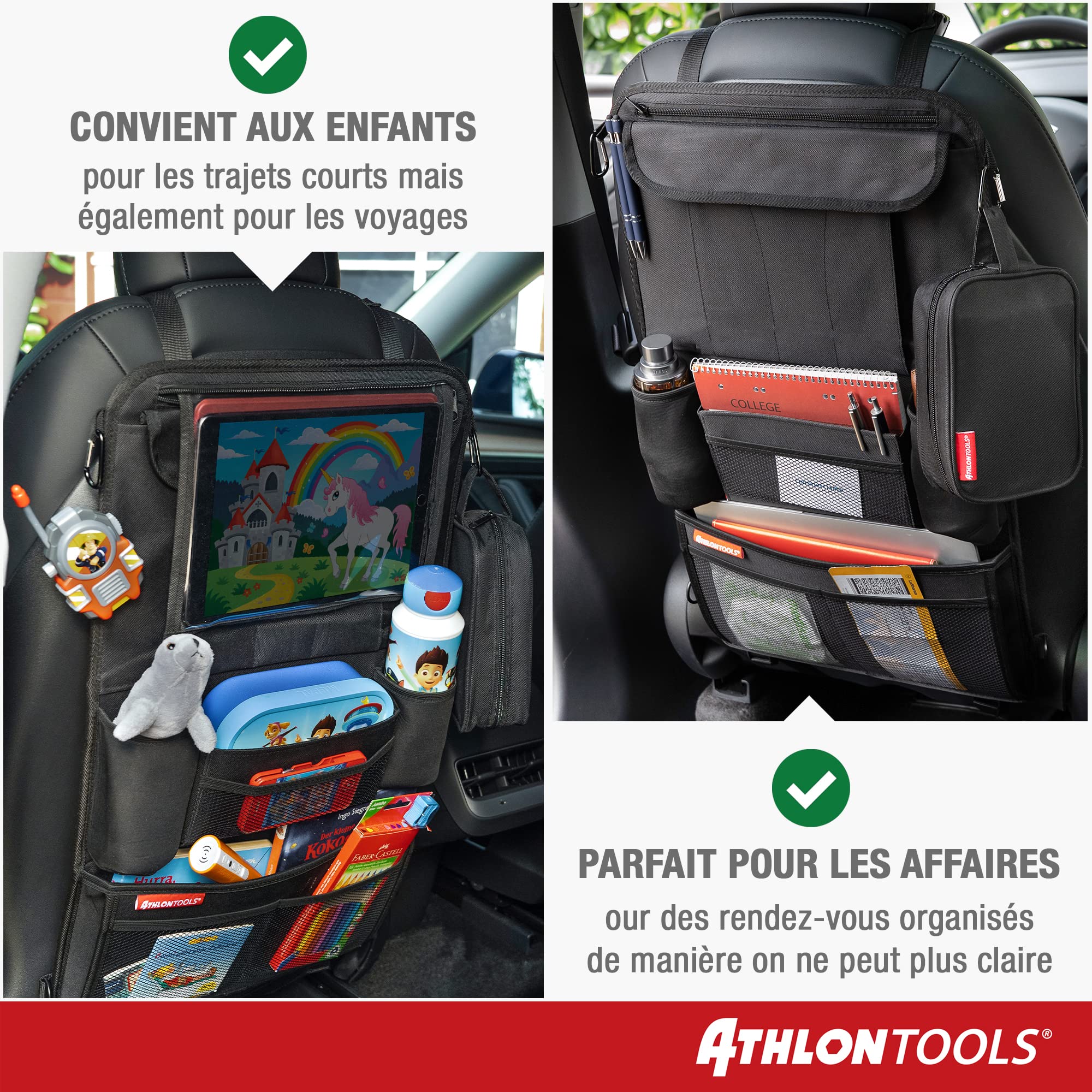 ATHLON TOOLS Organiseur de siège de voiture avec support de tablette intégré - Dos renforcé - Avec étui à crayons supplémentaire - Pour affaires et enfants - Conçu à Hambourg