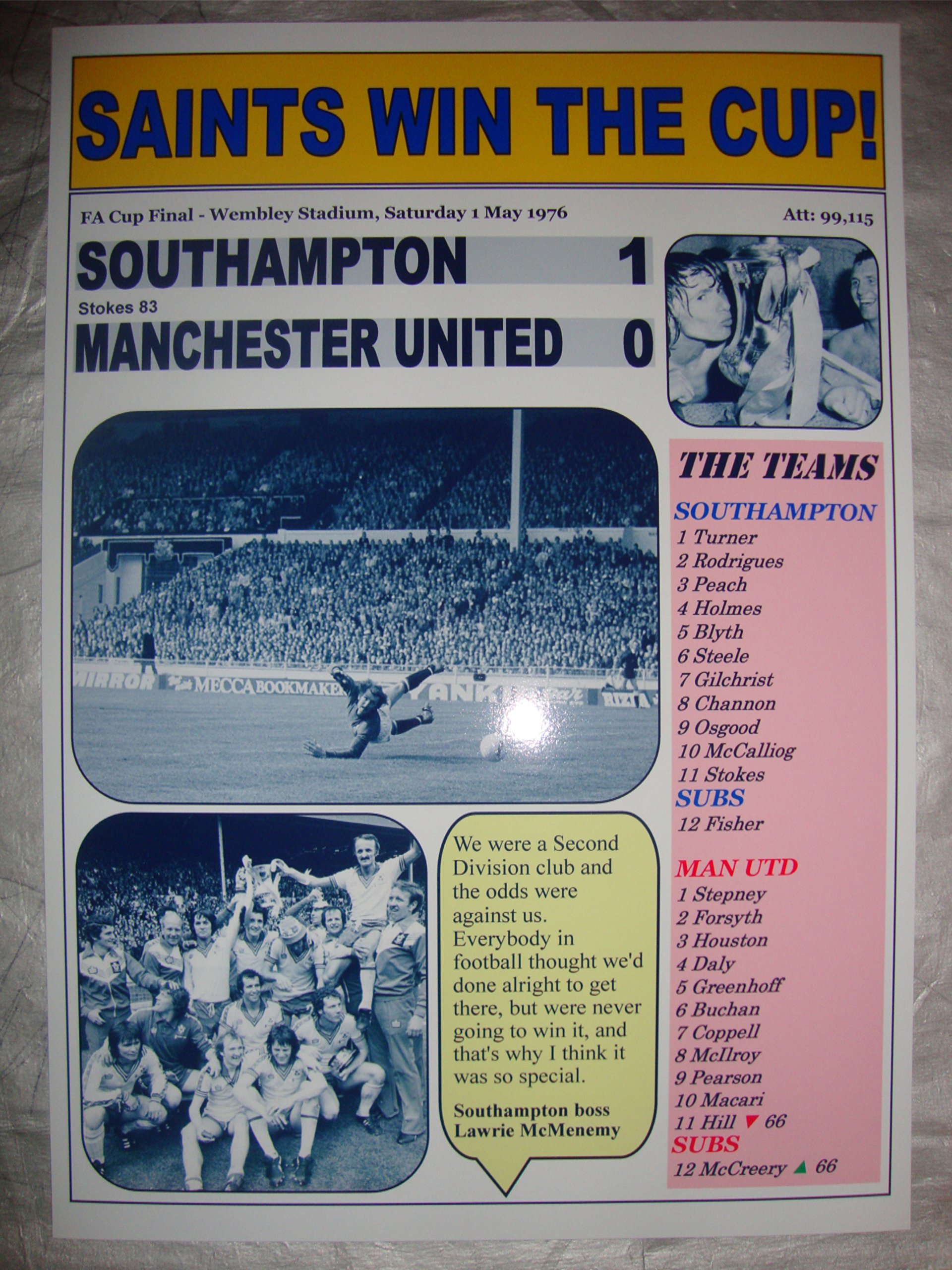 Lilywhite Multimedia Southampton 1 Manchester United 0 - 1976 Fa Cup Final - Souvenir Print