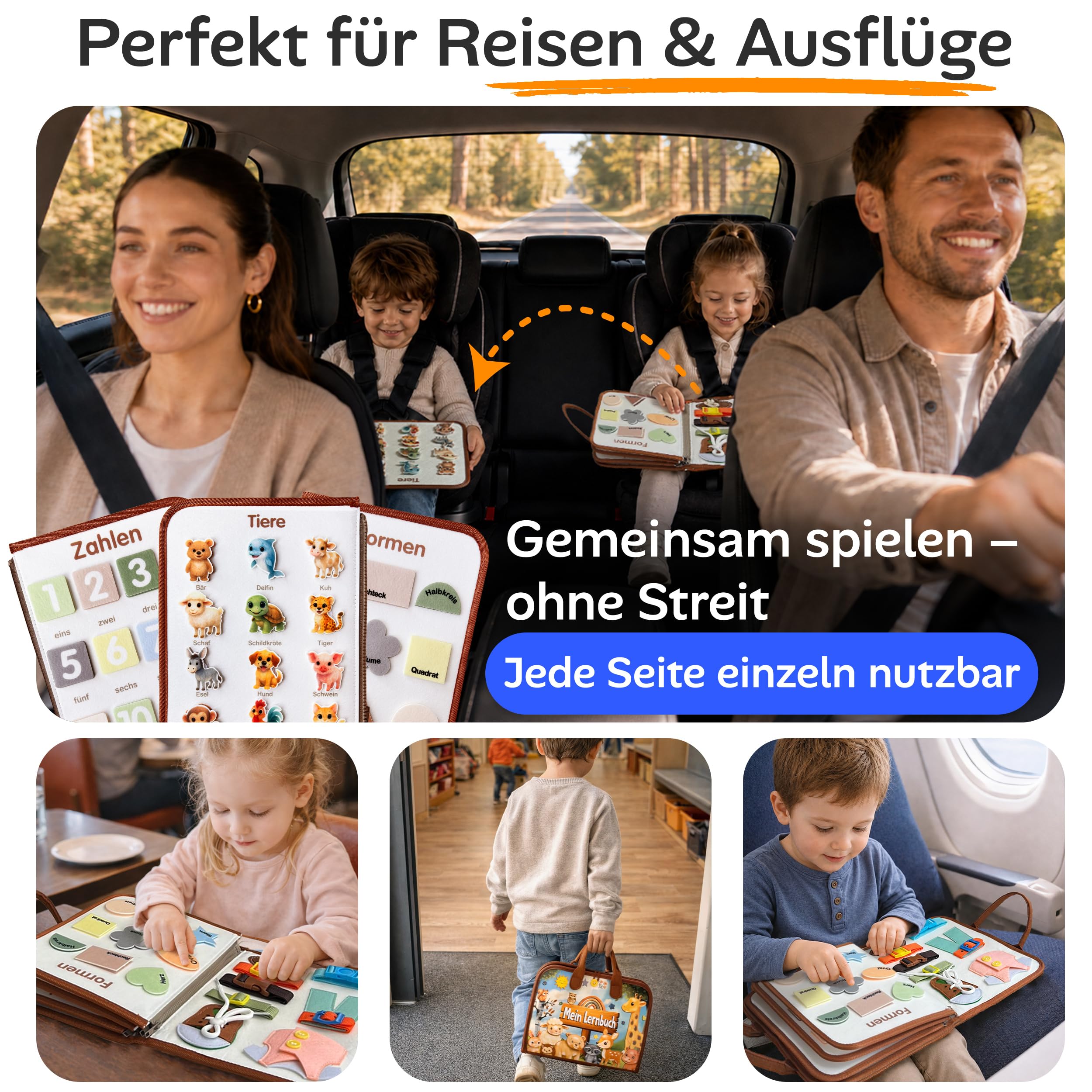 Busy Book ab 3 Jahre – Lernspielzeug für unterwegs – Beschäftigungsbuch für Auto & Flug – Montessori Aktivitätsbuch für Kleinkinder – abwaschbares Cover – Geschenk für Jungen & Mädchen
