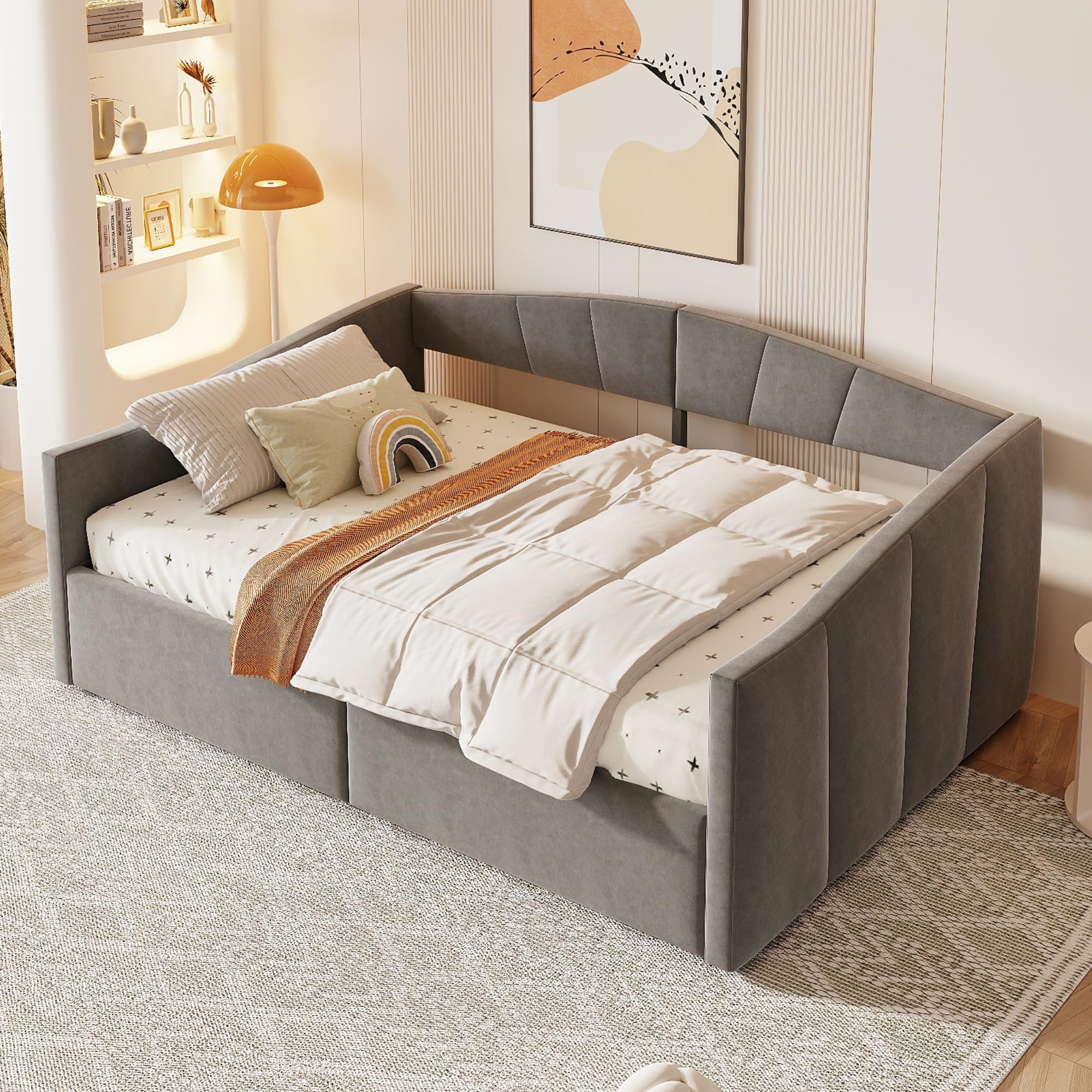 Schlafcouch mit Hydraulischer Lagerung, Bettsofa mit Lattenrost und Armlehnen, Schlafsessel multifunktional,140x200cm, Grau