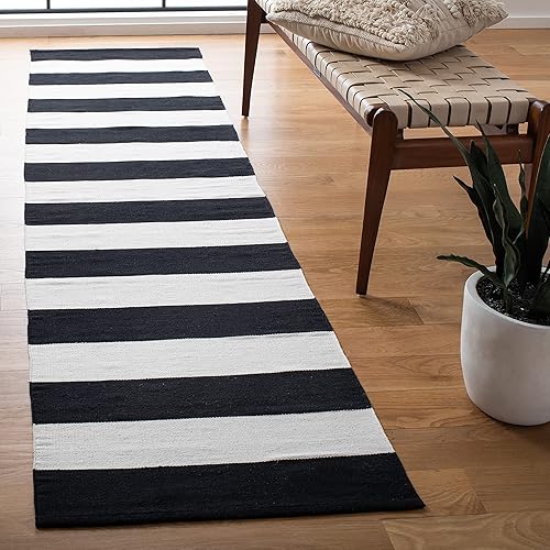 SAFAVIEH Montauk Collection 2'3" x 9' Black/Ivory MTK712D Handmade Flatweave Boho Farmhouse Cotton Stripe Entryway Foyer Living Room Kitchen Runner Rug