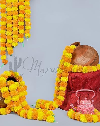 Vista 5 de Tira de flores artificiales Marubhumi, 5 unidades de 4,5 pies de largo, flores de caléndulas, guirnalda para decoración Diwali, decoración Amarillo
